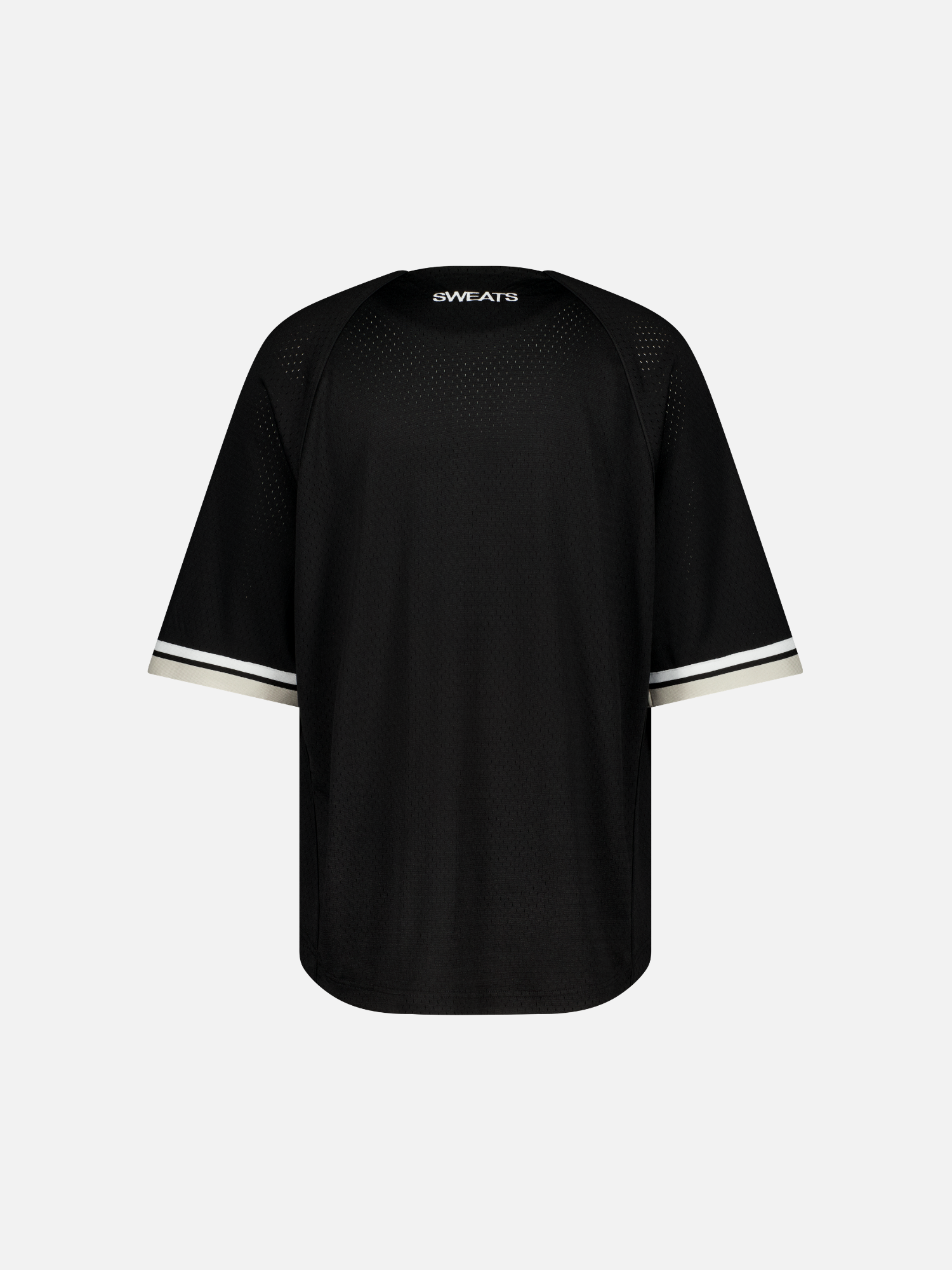 Black baseball jersey by SWEATS EU featuring classic design and team-inspired style, shown from the back view.