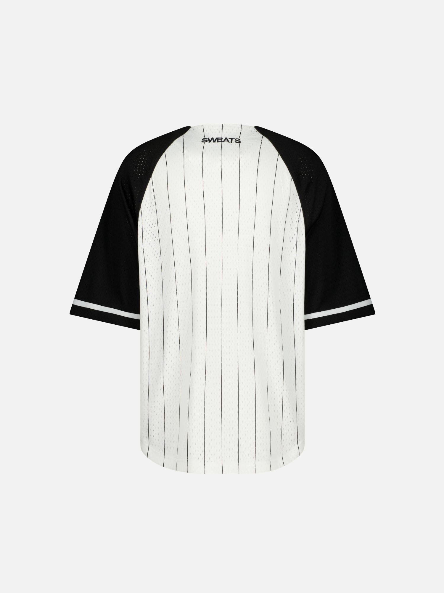 Back view of SWEATS EU pinstripe baseball jersey with button-up front and classic athletic design.