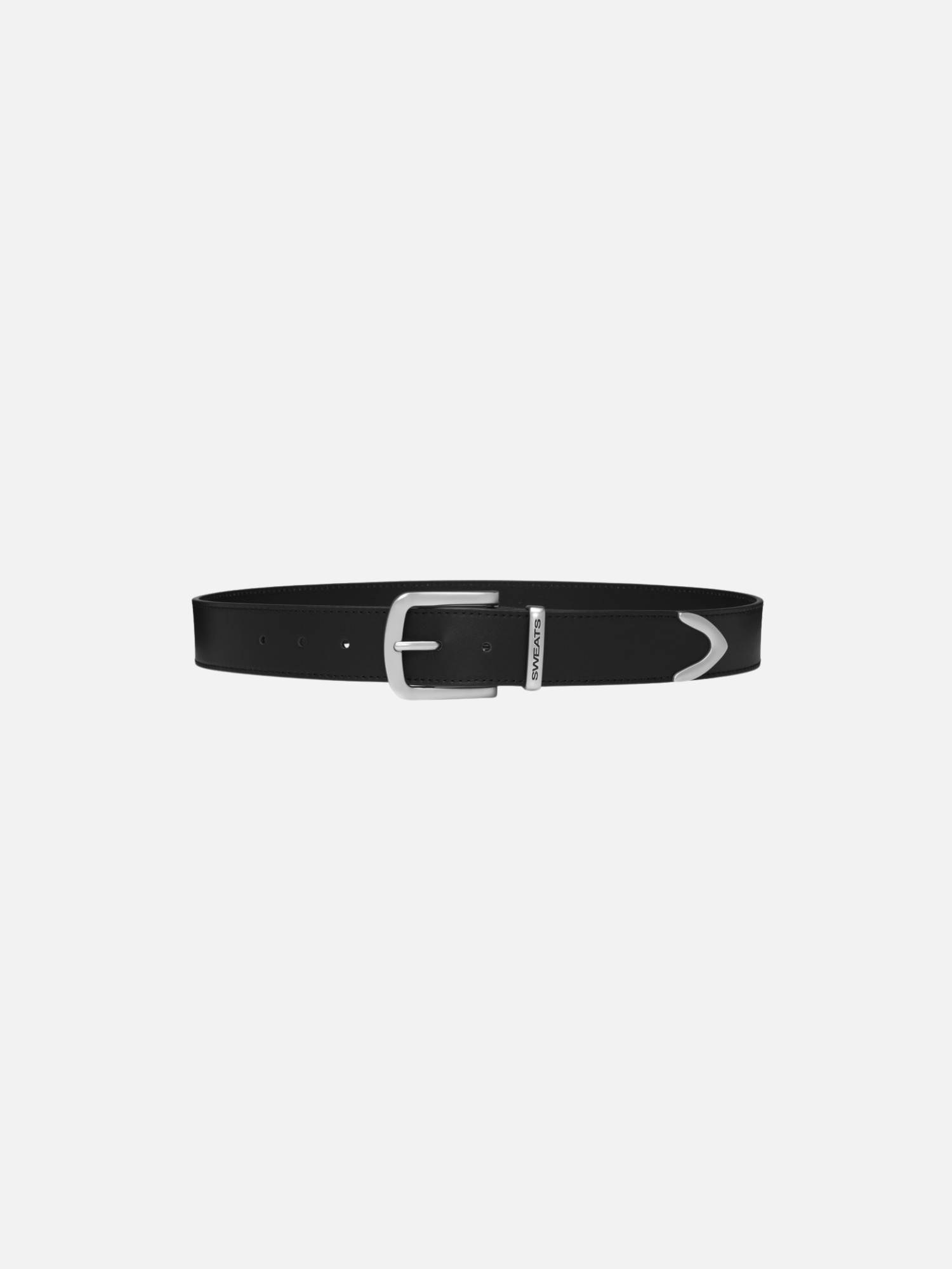 Black leather belt from SWEATS EU featuring a classic buckle and smooth finish, ideal for casual and formal wear.