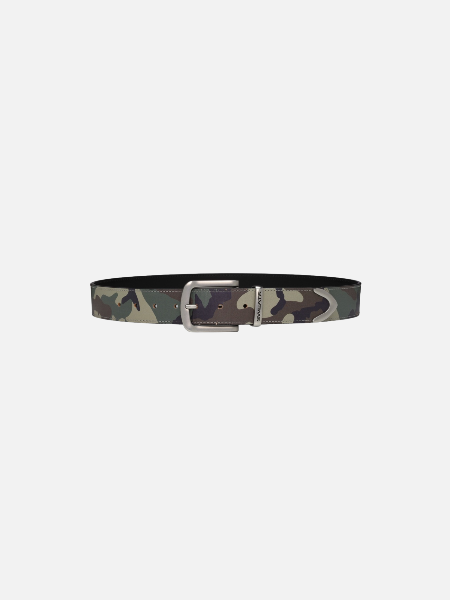 SWEATS EU leather belt with camouflage pattern, featuring a metal buckle and adjustable strap for men and women.