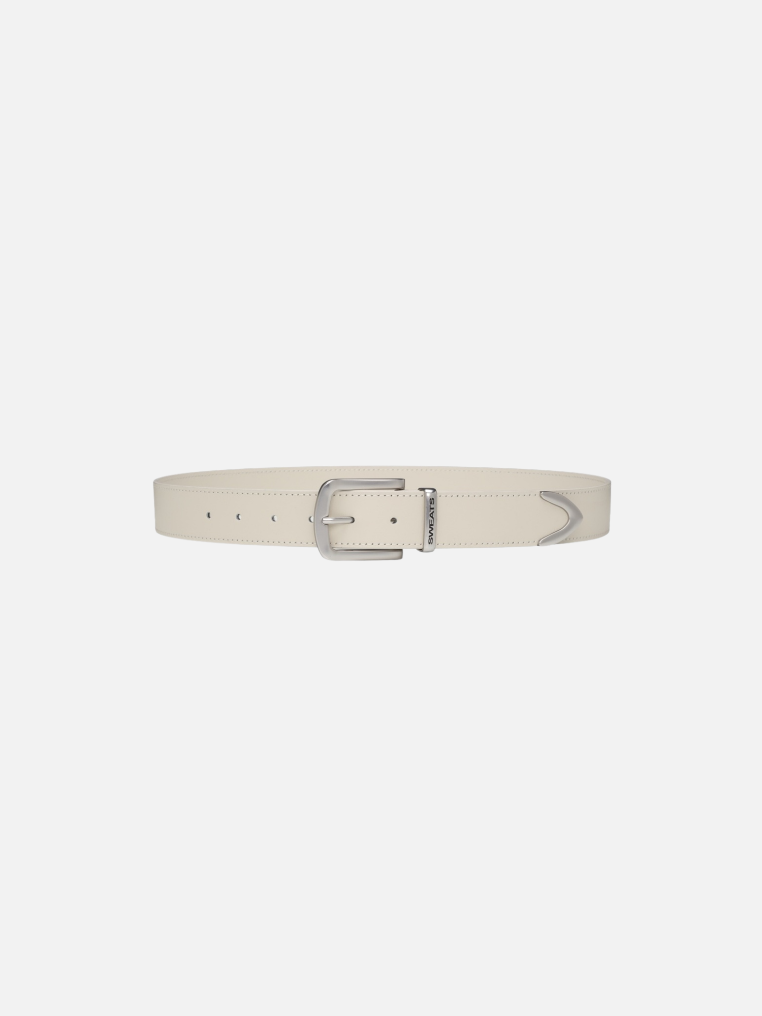 Cream leather belt from SWEATS EU featuring a smooth finish and classic buckle, ideal for casual or formal wear.