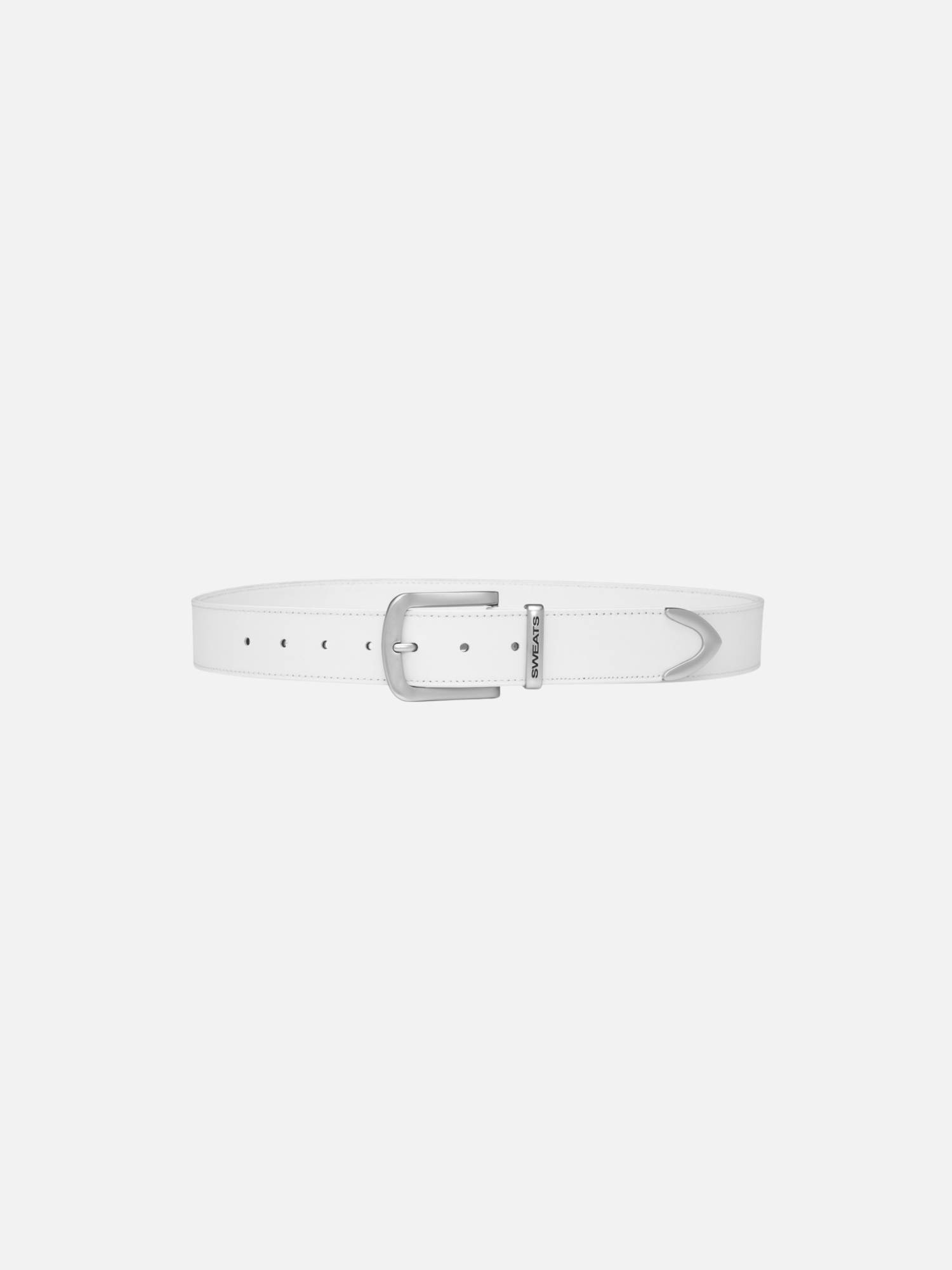 White leather belt from SWEATS EU featuring a sleek design and adjustable buckle, perfect for casual or formal wear.