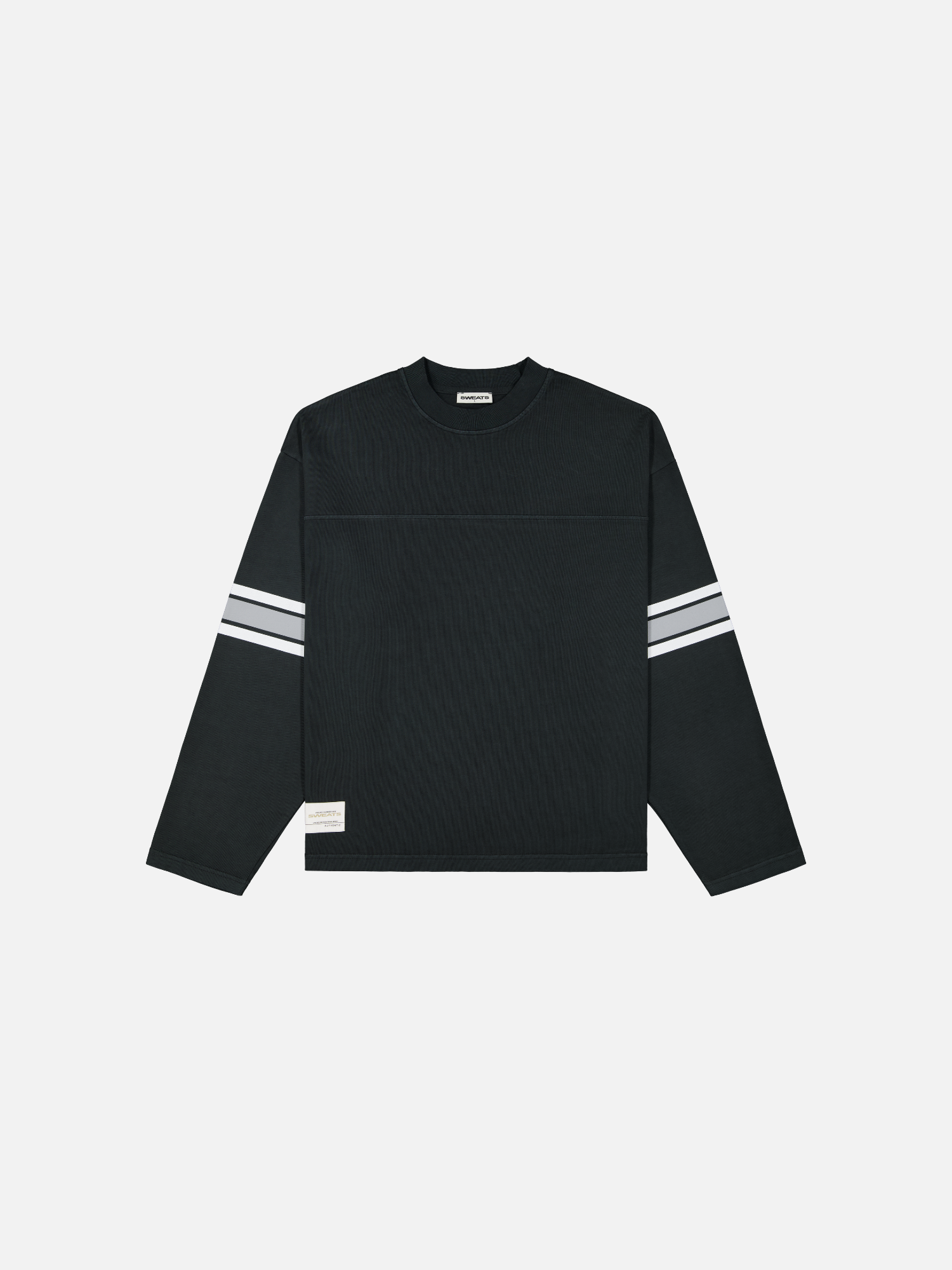 Front view of a washed black long-sleeve jersey T-shirt by SWEATS EU, showcasing its simple, relaxed fit and soft fabric.