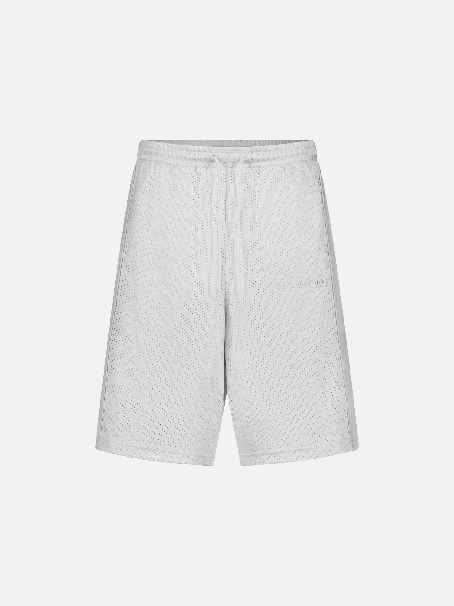 White mesh shorts by SWEATS EU, featuring a lightweight design and breathable fabric for comfort and style.
