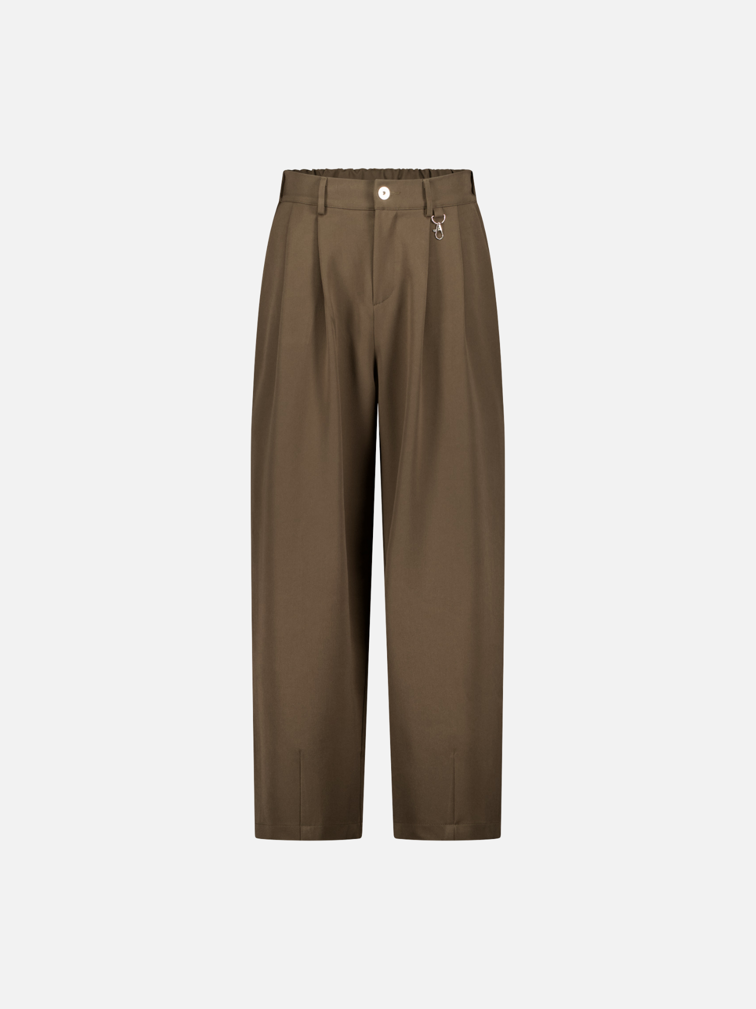 Brown pleated pants from Sweats EU with a front view, showcasing their tailored fit and classic pleated design.