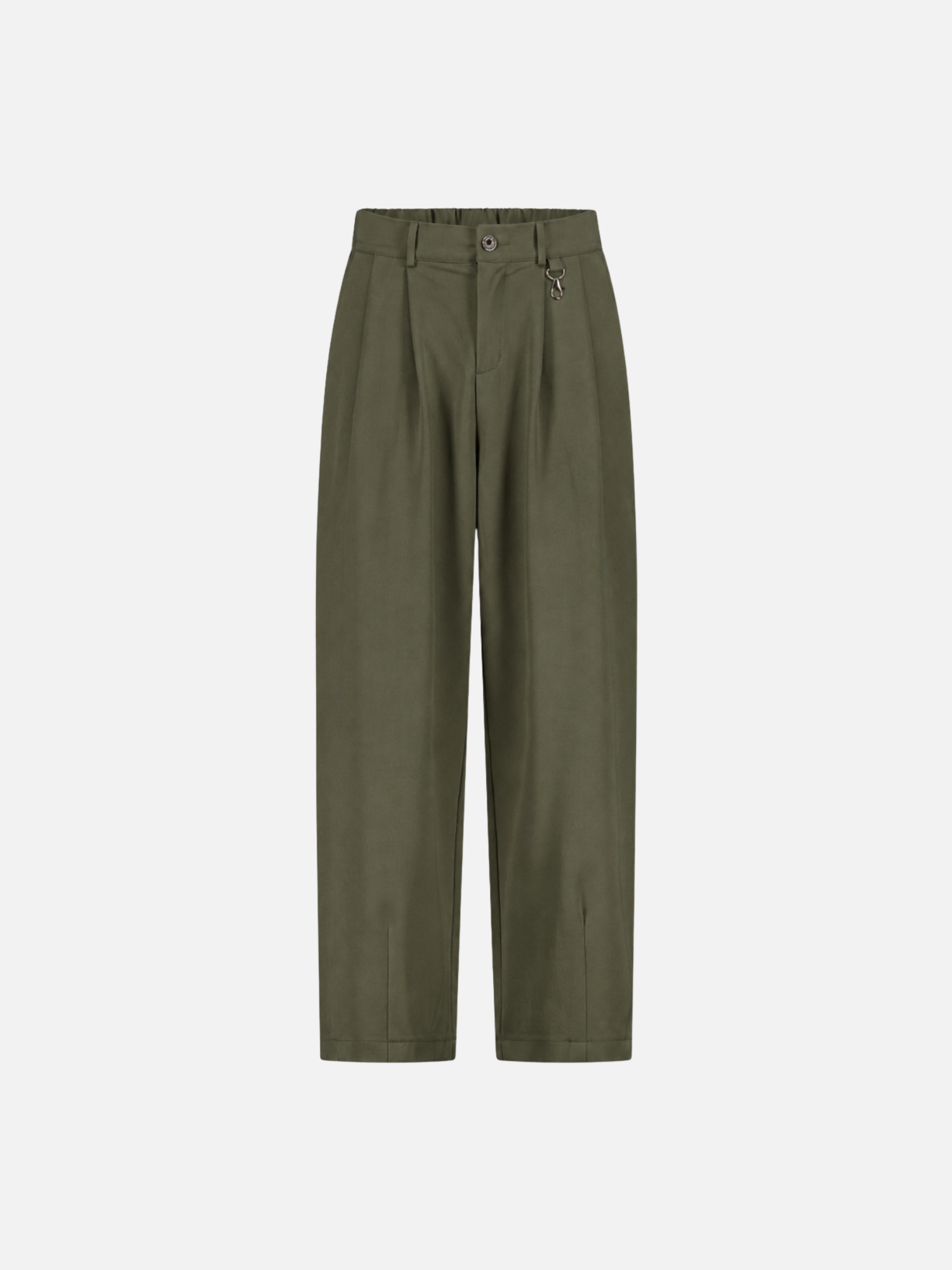 Olive green pleated pants by SWEATS EU displayed from the front view, showcasing the stylish pleats and tailored fit.