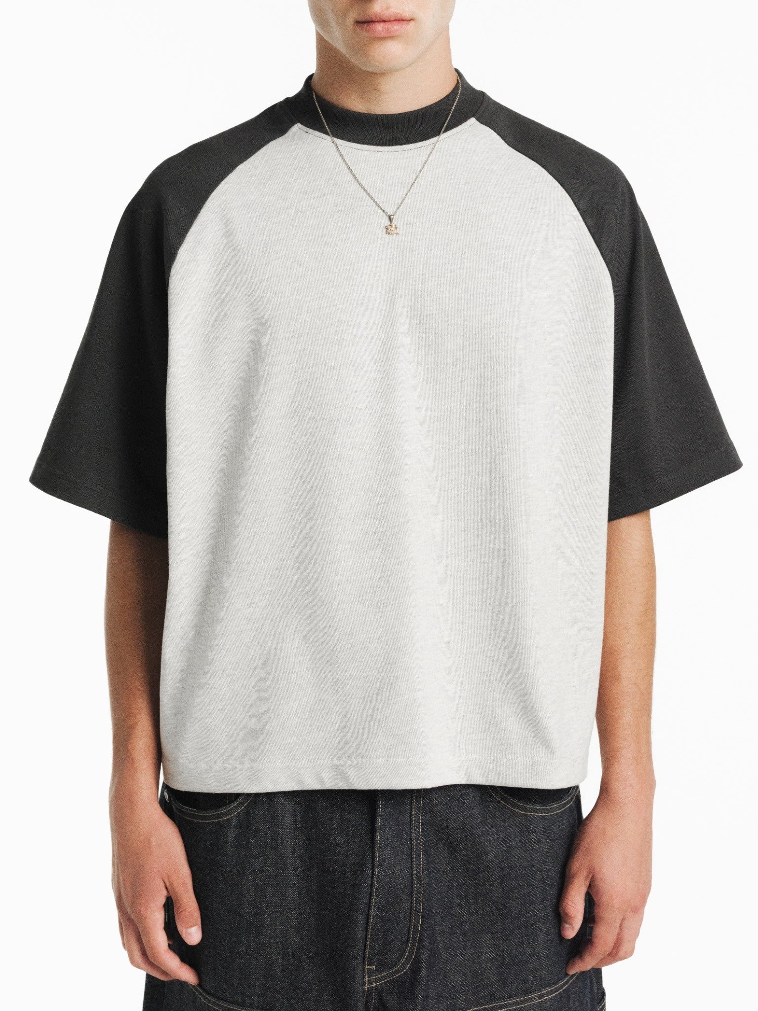 SWEATS EU raglan short-sleeve T-shirt in Arctic and Granite color, shown on a model with casual styling.