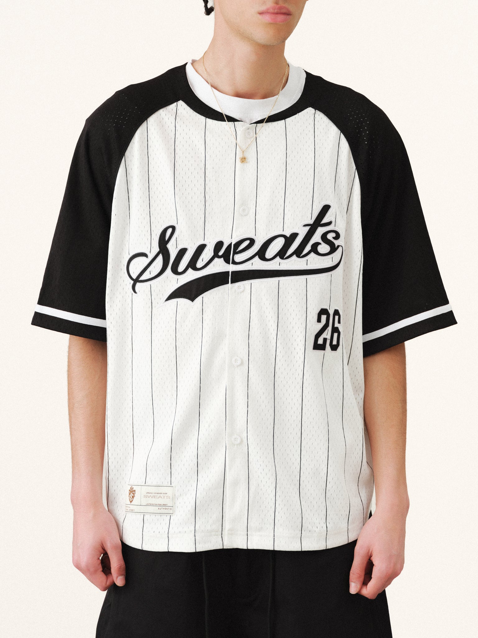 Pinstripe baseball jersey by SWEATS EU, featuring classic design and team-inspired style, shown on a mannequin.