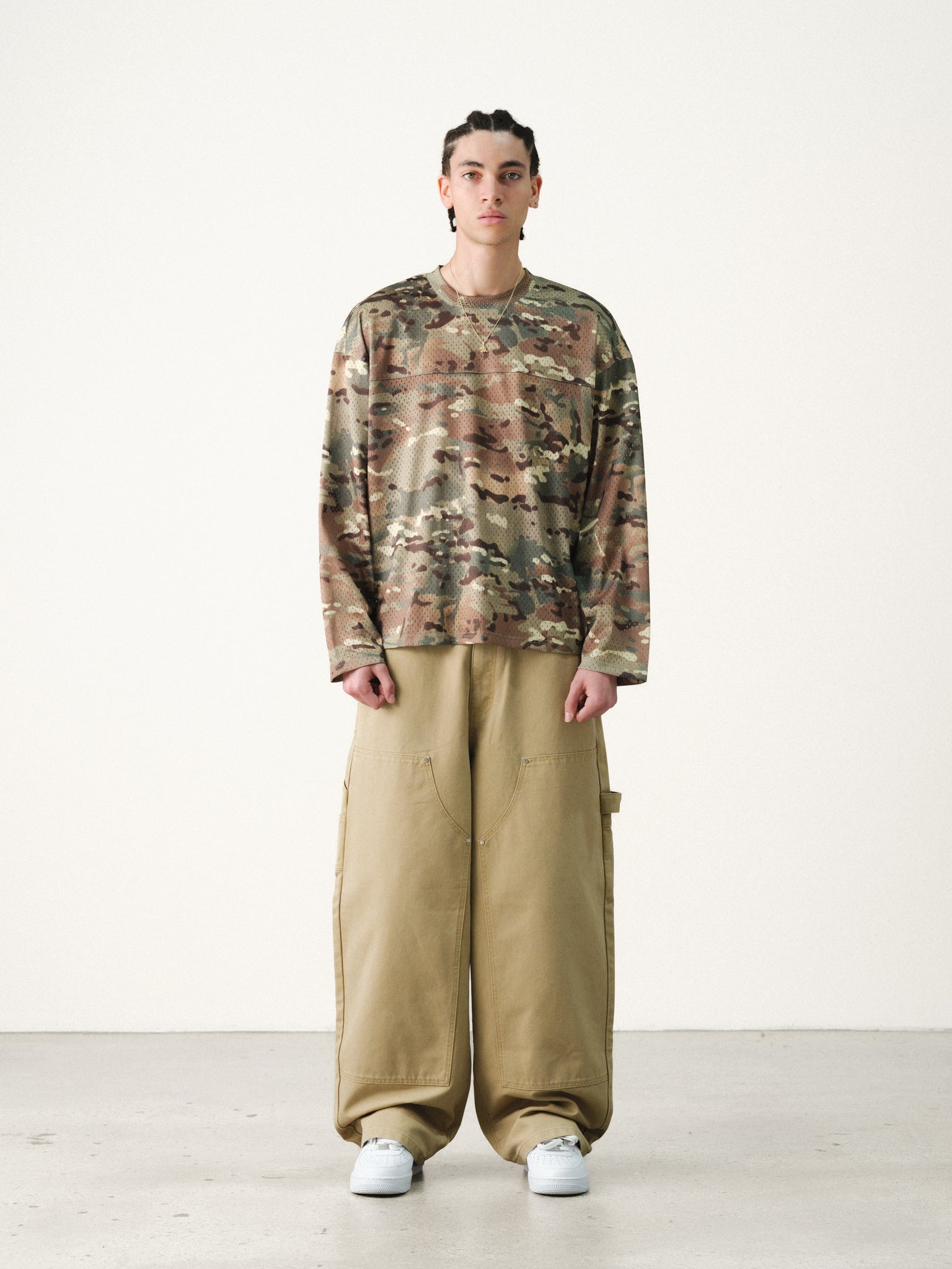 SWEATS EU V2 Mesh LS T-Shirt in camo print, lightweight long-sleeve shirt with breathable mesh fabric for casual wear.