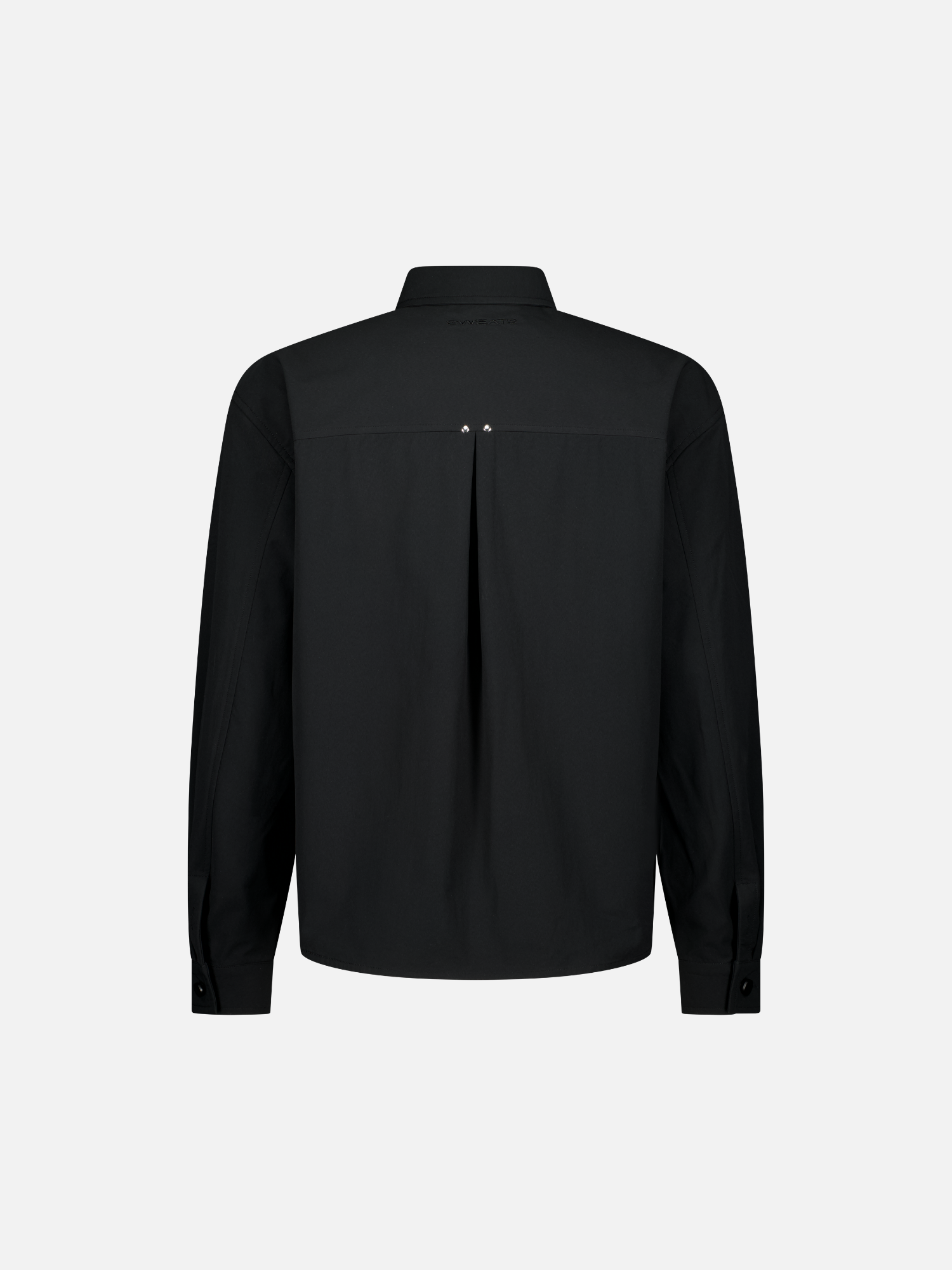 Back view of black Signature Button Up shirt by SWEATS EU, showcasing classic collar, button front, and tailored fit.
