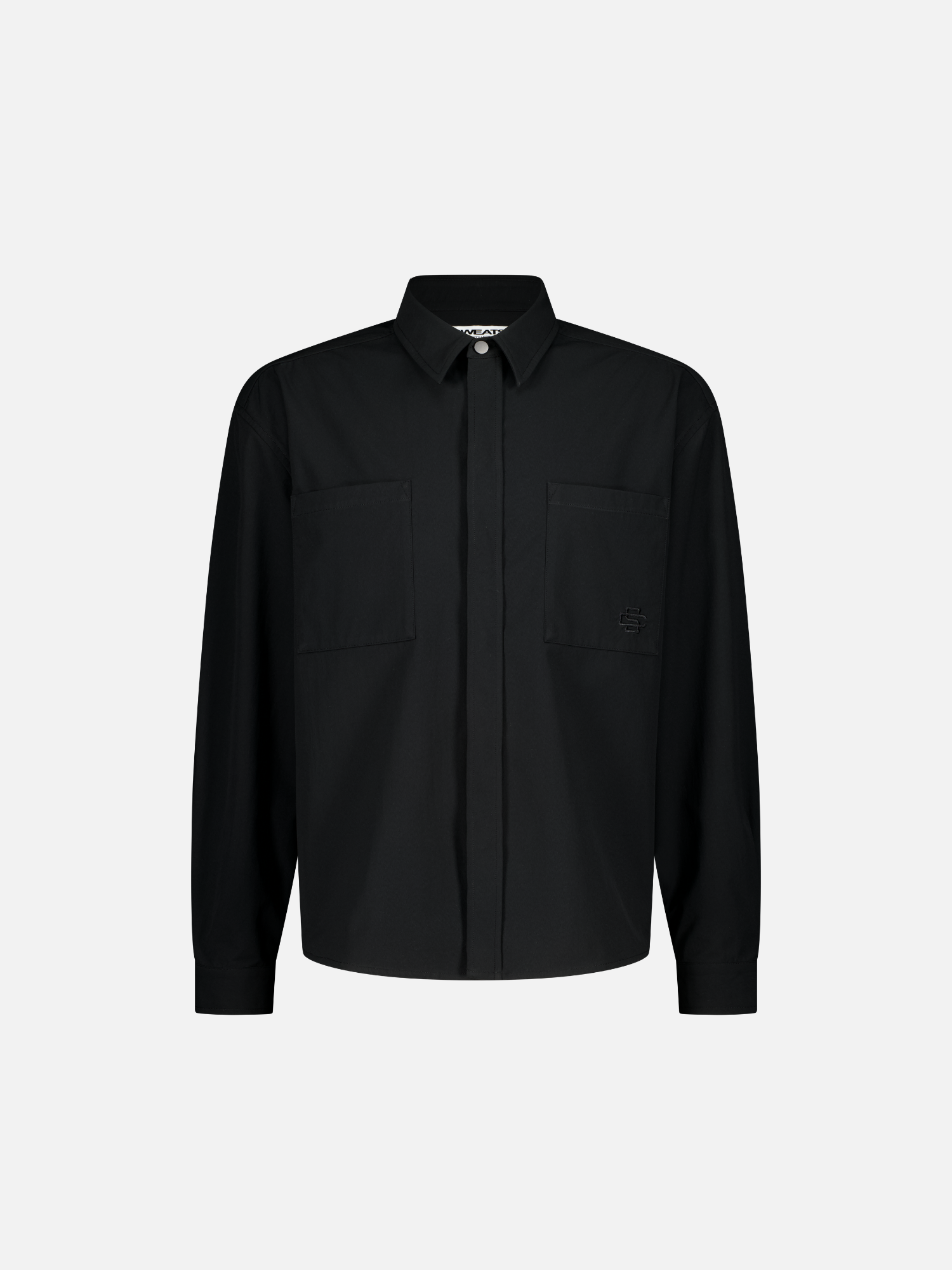 Black Signature Button Up shirt by SWEATS EU displayed from the front, showcasing its classic collar and button details.