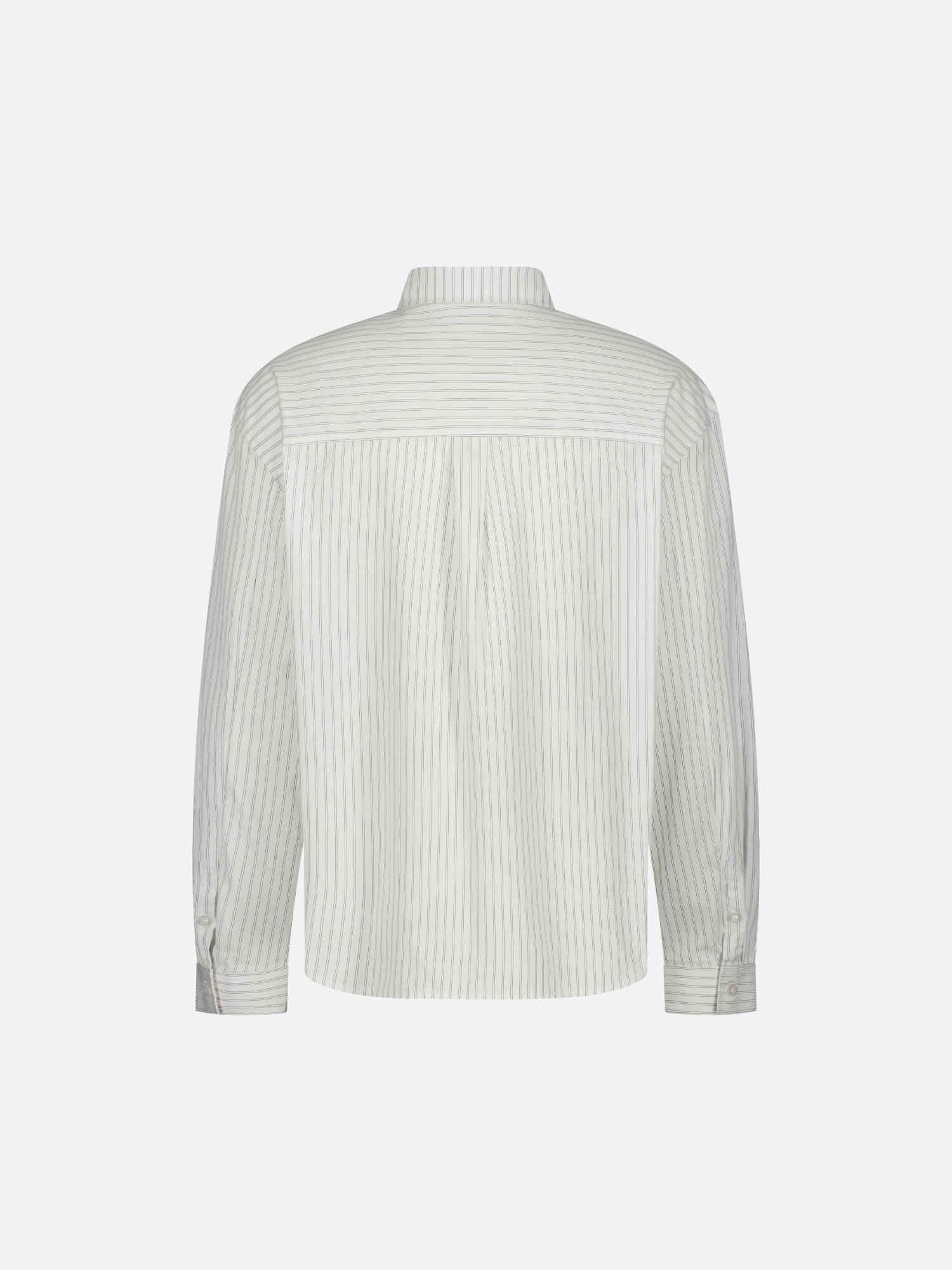 White striped button-up shirt by SWEATS EU, shown from the back with vertical stripes and classic collar.