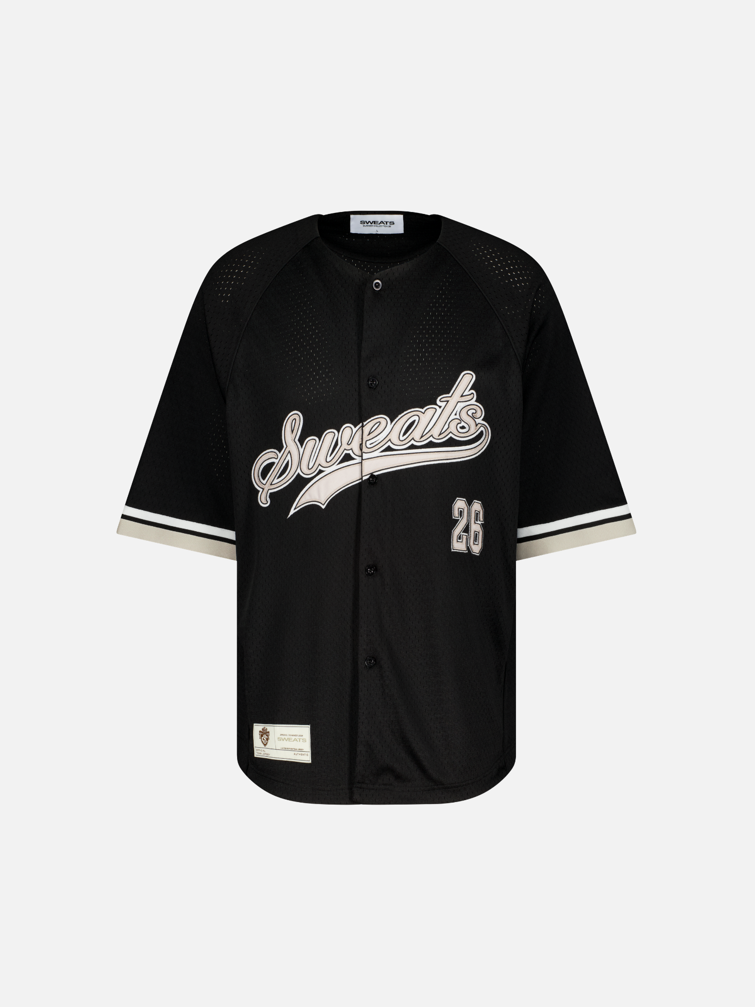 Black baseball jersey by SWEATS EU featuring a front view with classic design and team-style details.