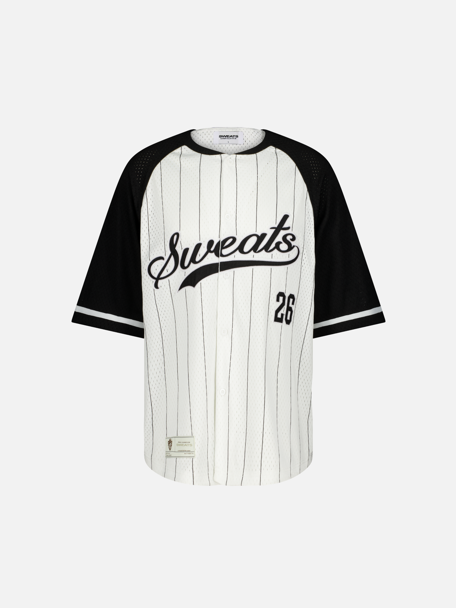 Front view of a navy and white pinstripe baseball jersey by SWEATS EU with team lettering and button closure.