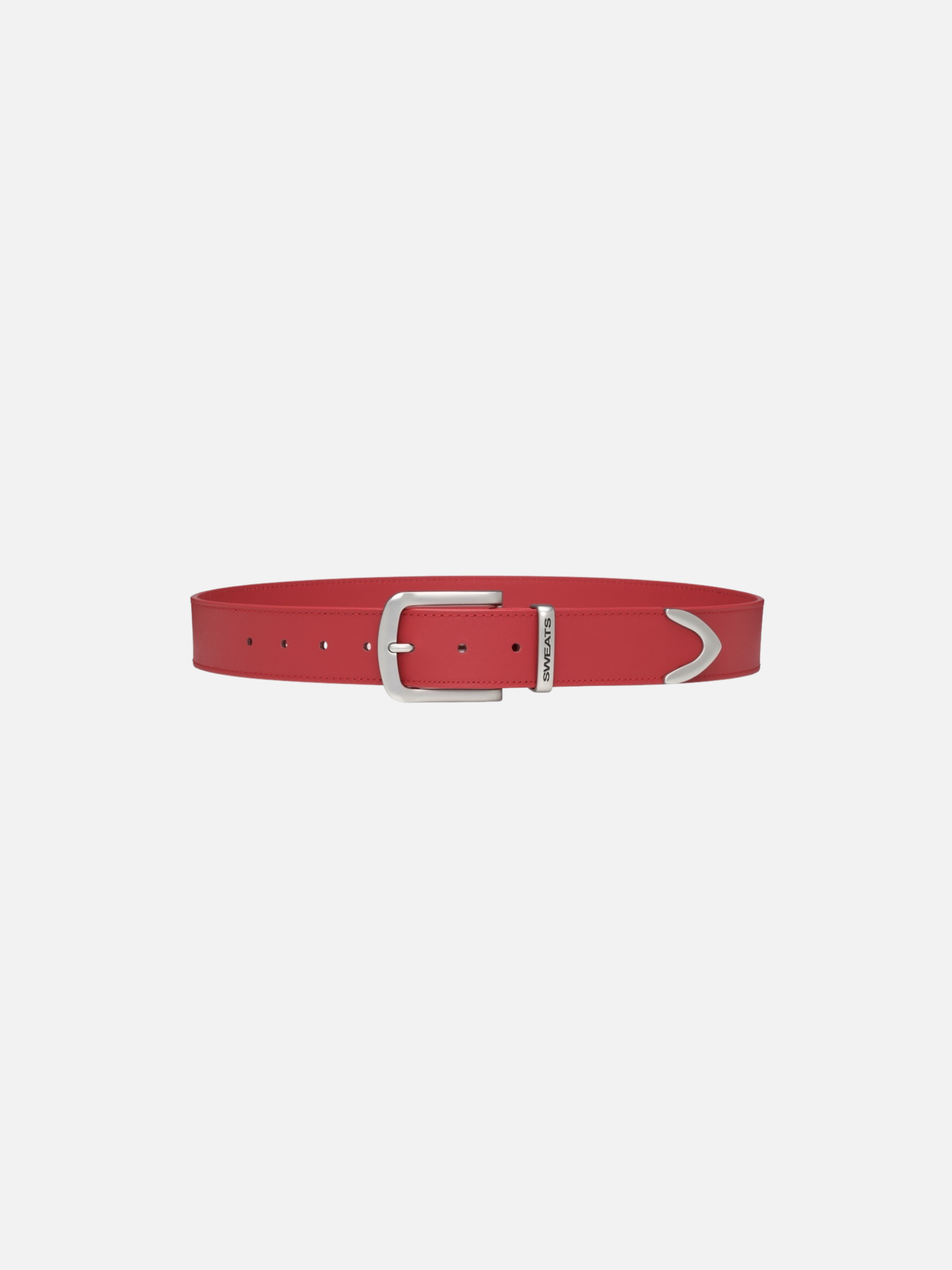 Red leather belt by SWEATS EU, featuring a classic design with a sleek buckle and smooth finish.