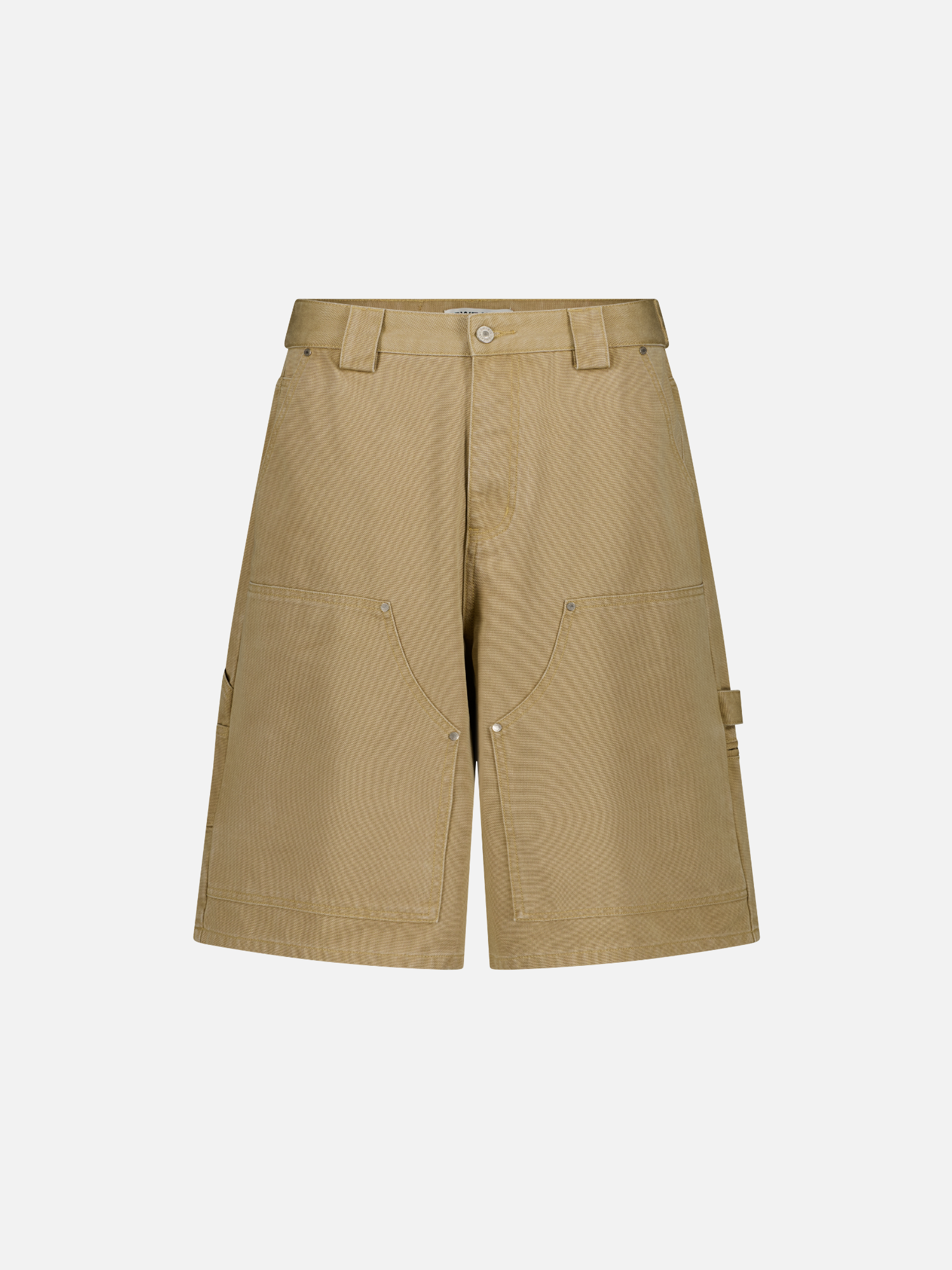 SWEATS EU double knee shorts in sand color, front view showing durable fabric and stylish knee reinforcement details.