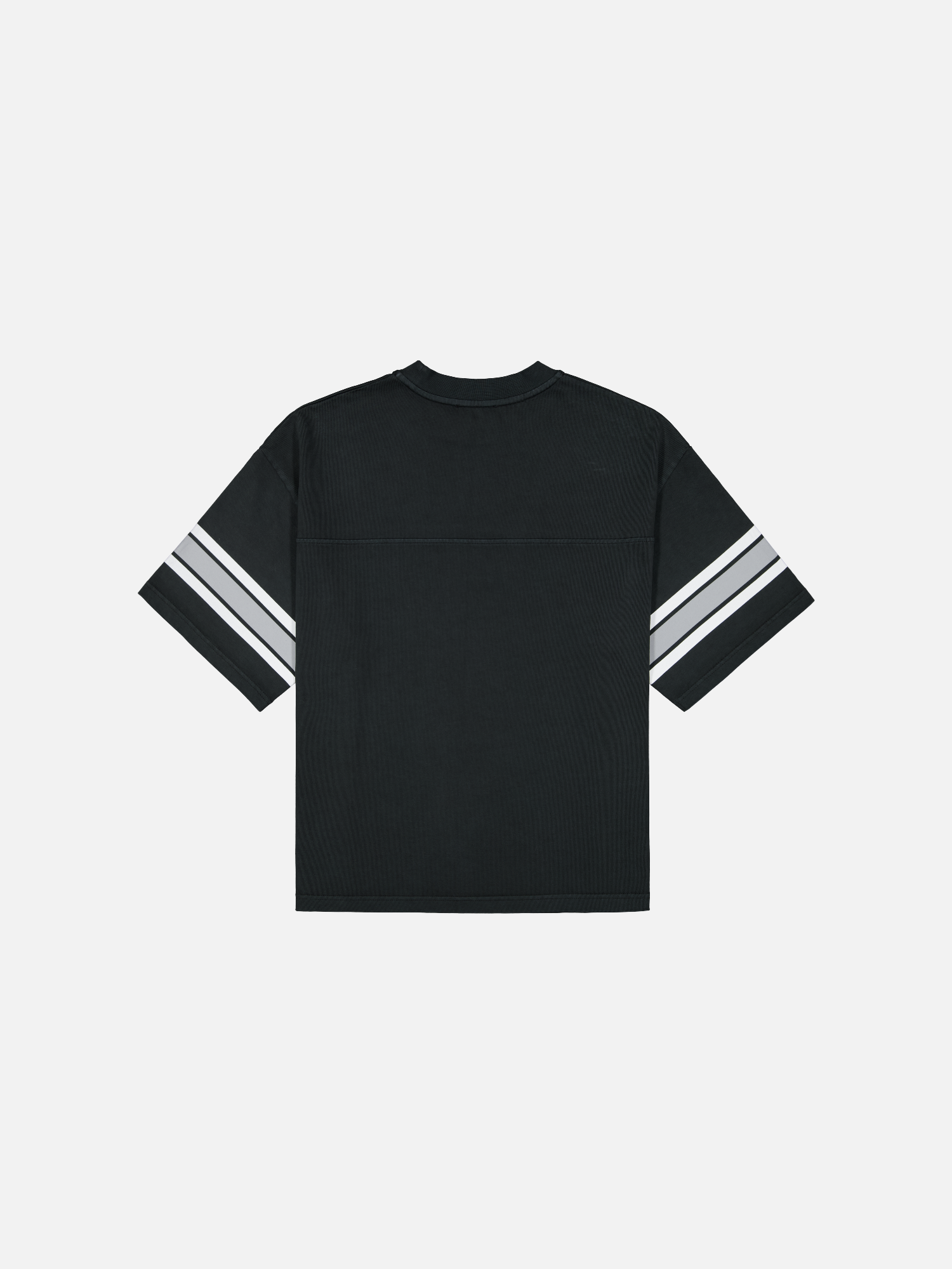 Back view of a washed black short-sleeve jersey T-shirt by SWEATS EU, showcasing its relaxed fit and soft fabric.