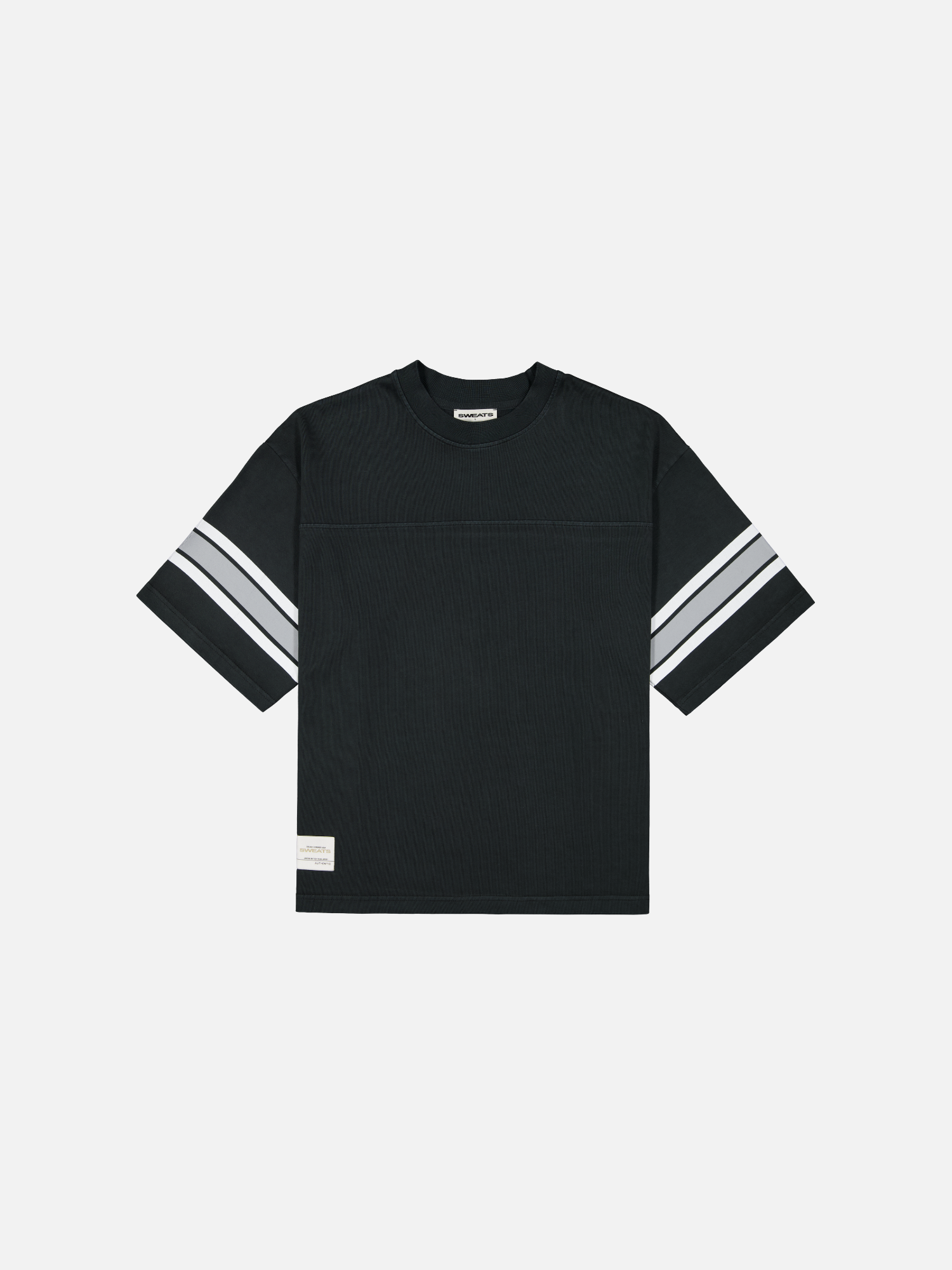 Front view of SWEATS EU washed black jersey short-sleeve T-shirt with a classic crew neck and smooth fabric.