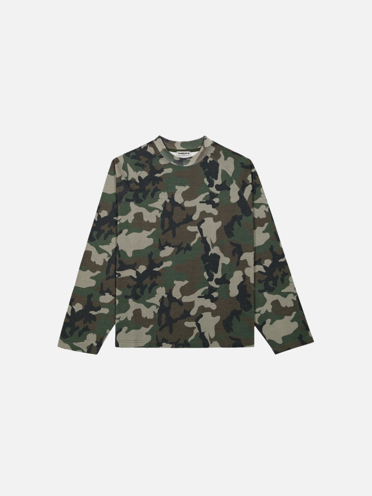 Long sleeve camo T-shirt by SWEATS EU showing a green and brown camouflage pattern on soft fabric.