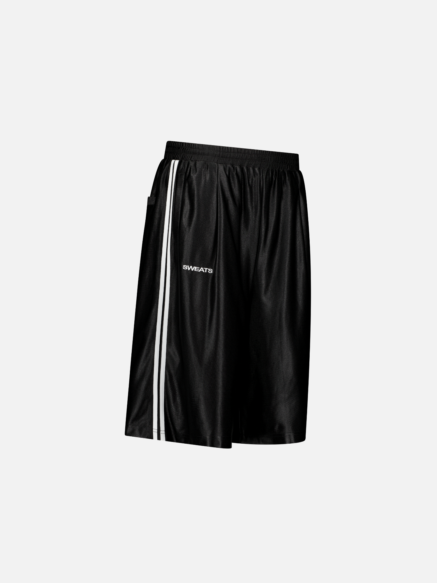 Black League Shorts by SWEATS EU shown from the side, casual athletic style with an elastic waistband and side pockets.