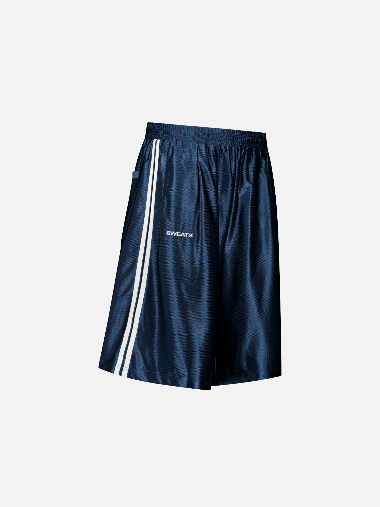 Navy league shorts by SWEATS EU with side pockets and athletic fit, displayed flat on a white background.