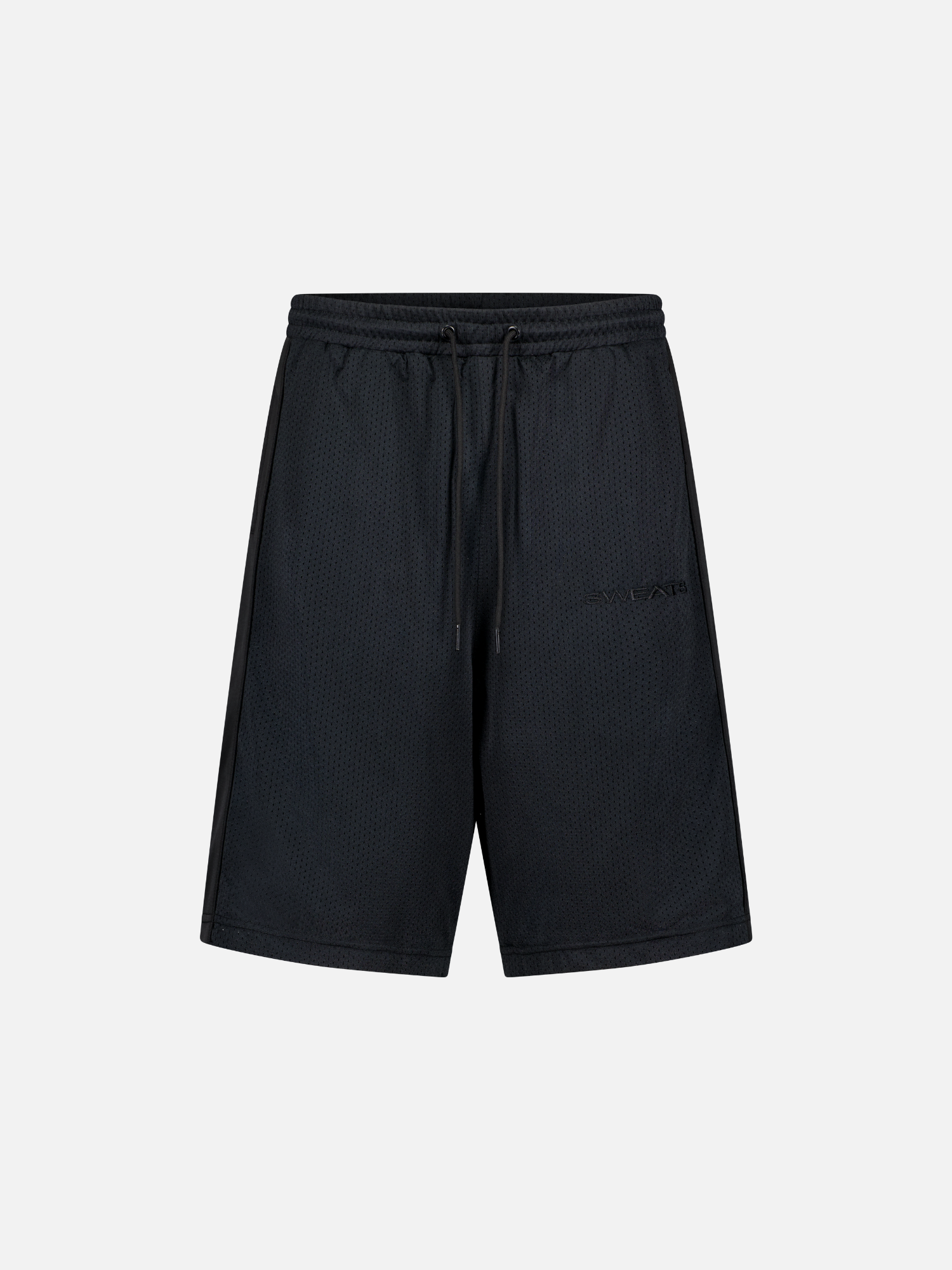 Black mesh shorts from SWEATS EU showcasing a comfortable and breathable design, ideal for athletic wear.