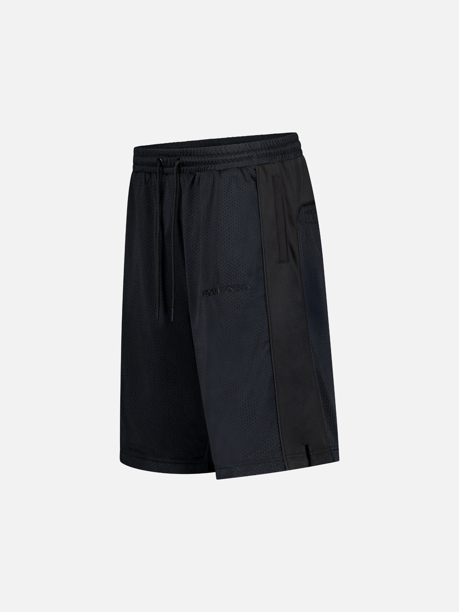 Black mesh shorts from SWEATS EU displayed from the side, showcasing lightweight fabric and relaxed fit design.