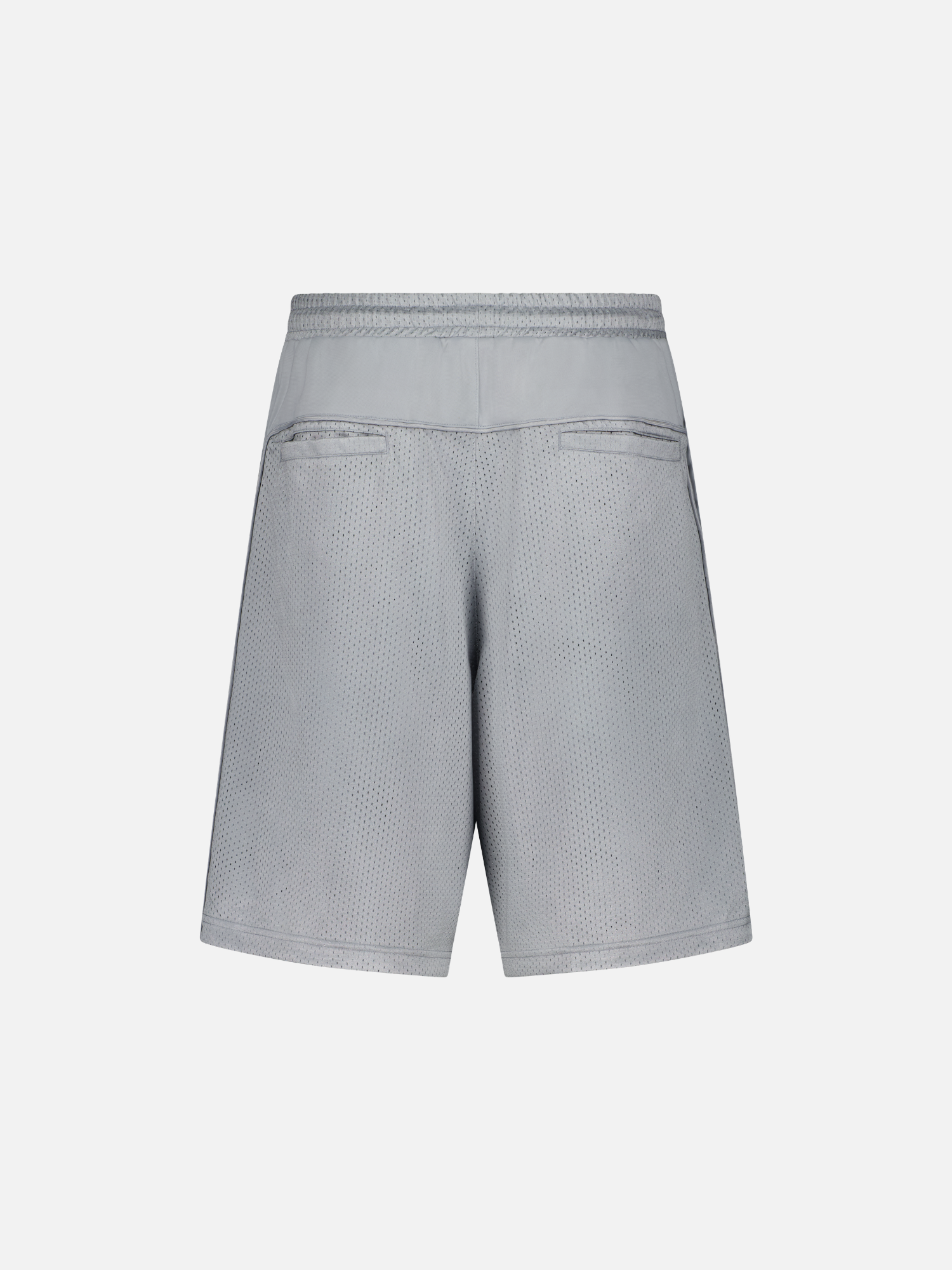 Grey mesh shorts by SWEATS EU, featuring a breathable design and elastic waistband, displayed from the back.