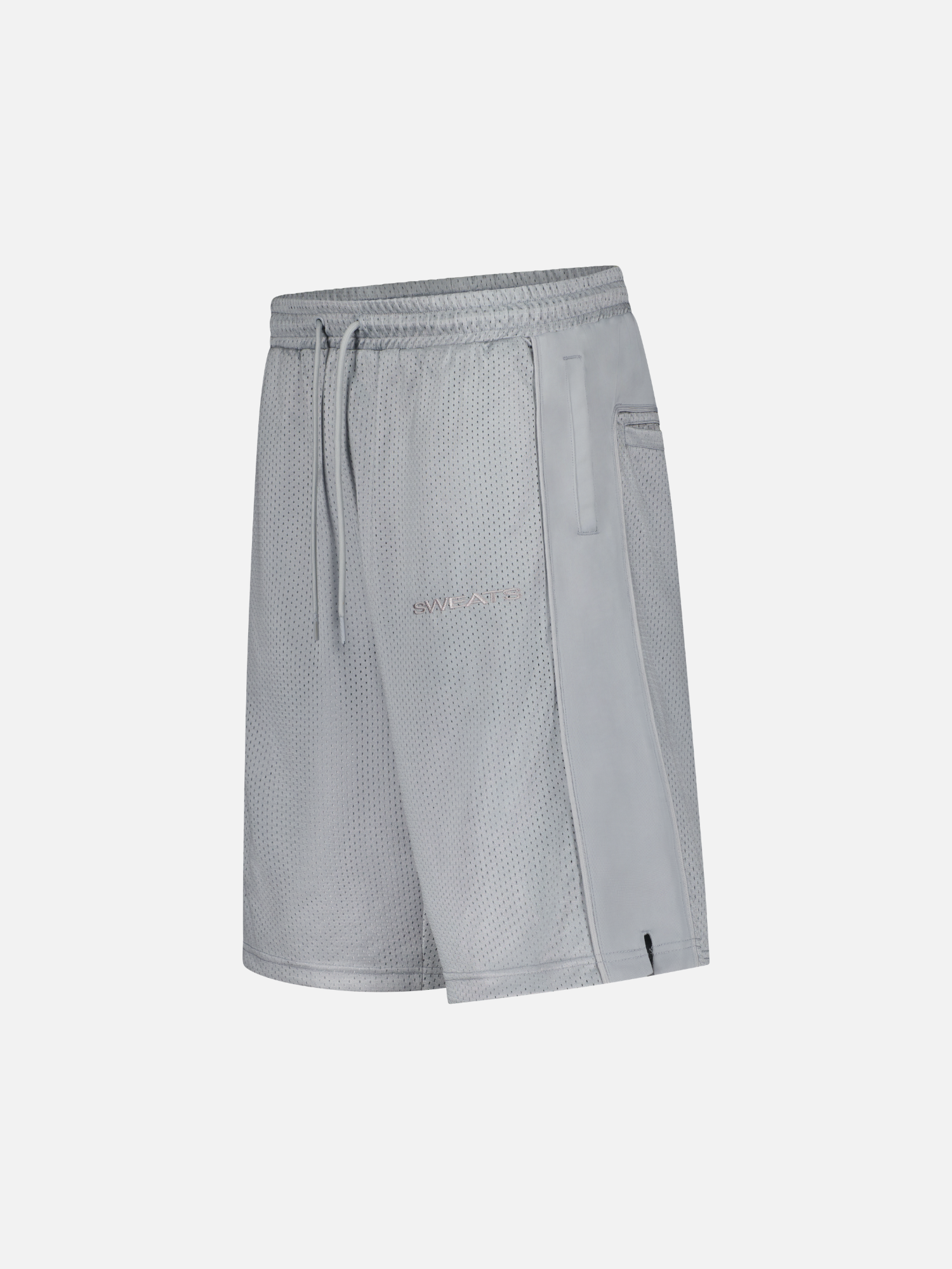 Grey mesh shorts from SWEATS EU displayed from the side, highlighting the breathable fabric and relaxed fit.