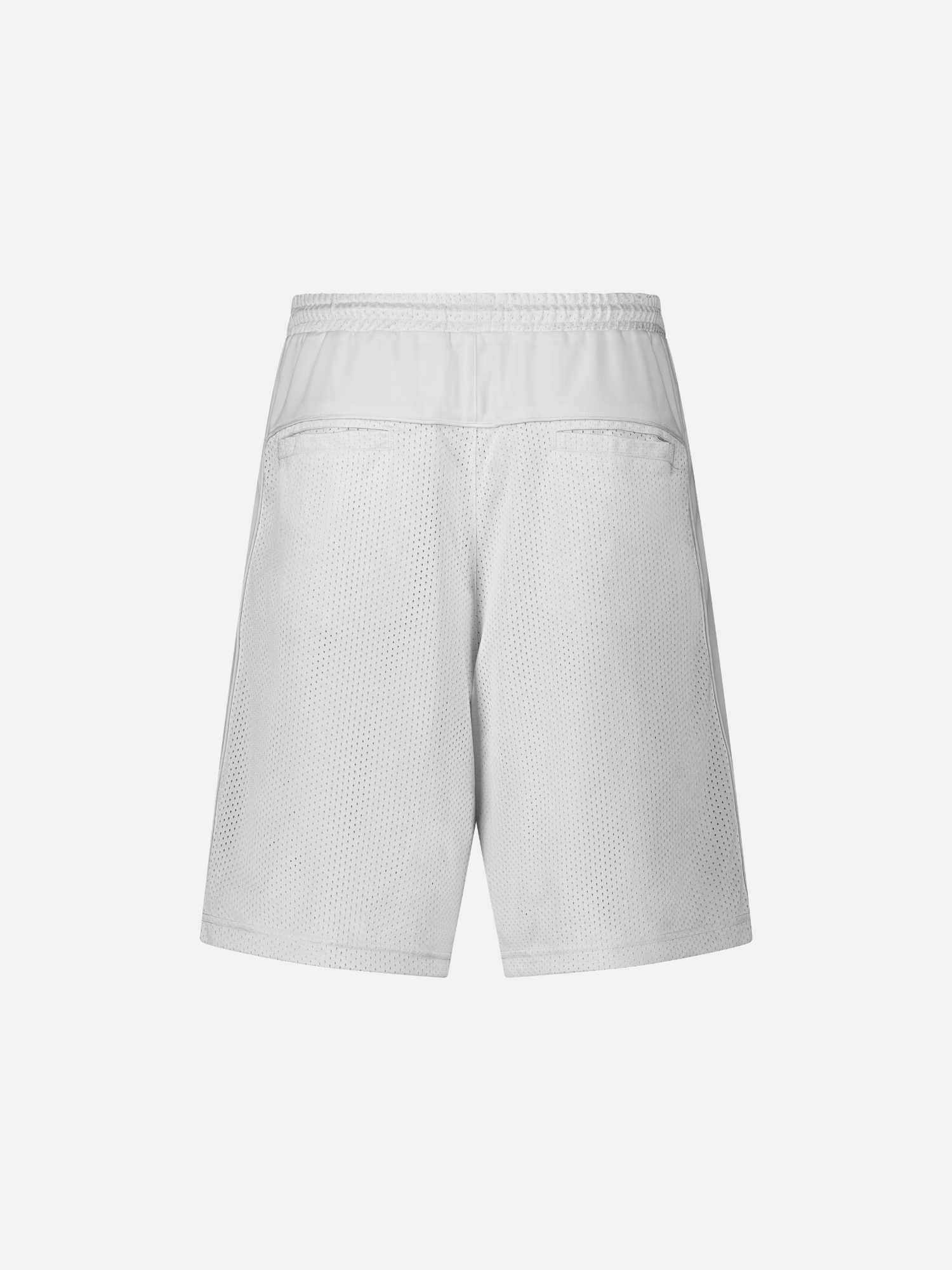 White mesh shorts by SWEATS EU displayed from the back, showcasing the lightweight fabric and sporty design.