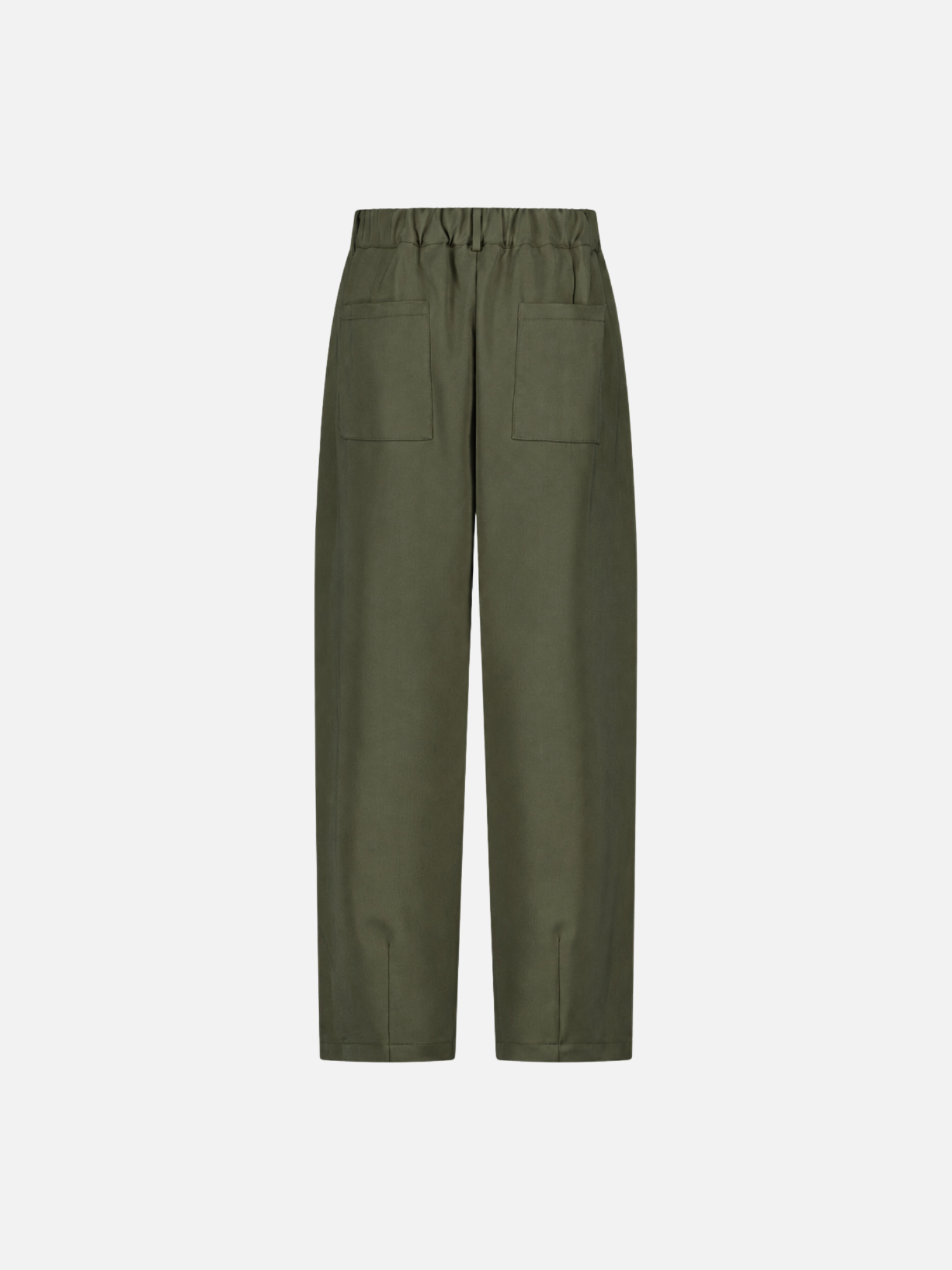 Back view of olive pleated pants by SWEATS EU, showing the tailored pleats and relaxed fit of the stylish men's or women's trousers.