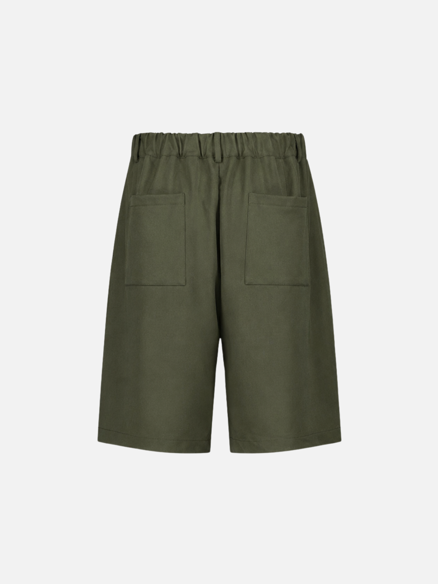 Back view of olive green pleated shorts by SWEATS EU, showcasing the stylish pleats and relaxed fit.