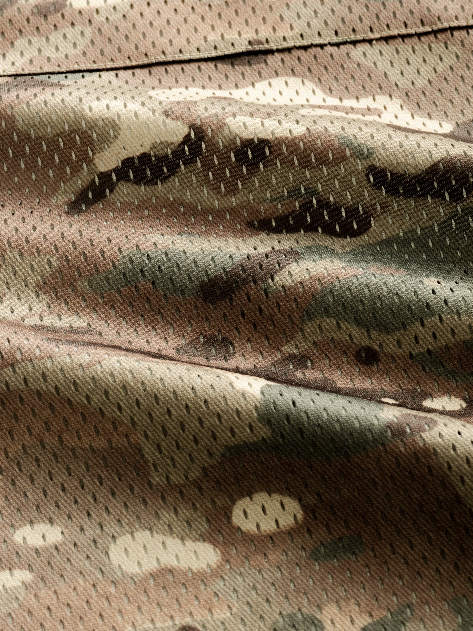 SWEATS EU V2 Mesh LS T-shirt in camo, long sleeve athletic shirt with breathable mesh fabric, laid flat for display.