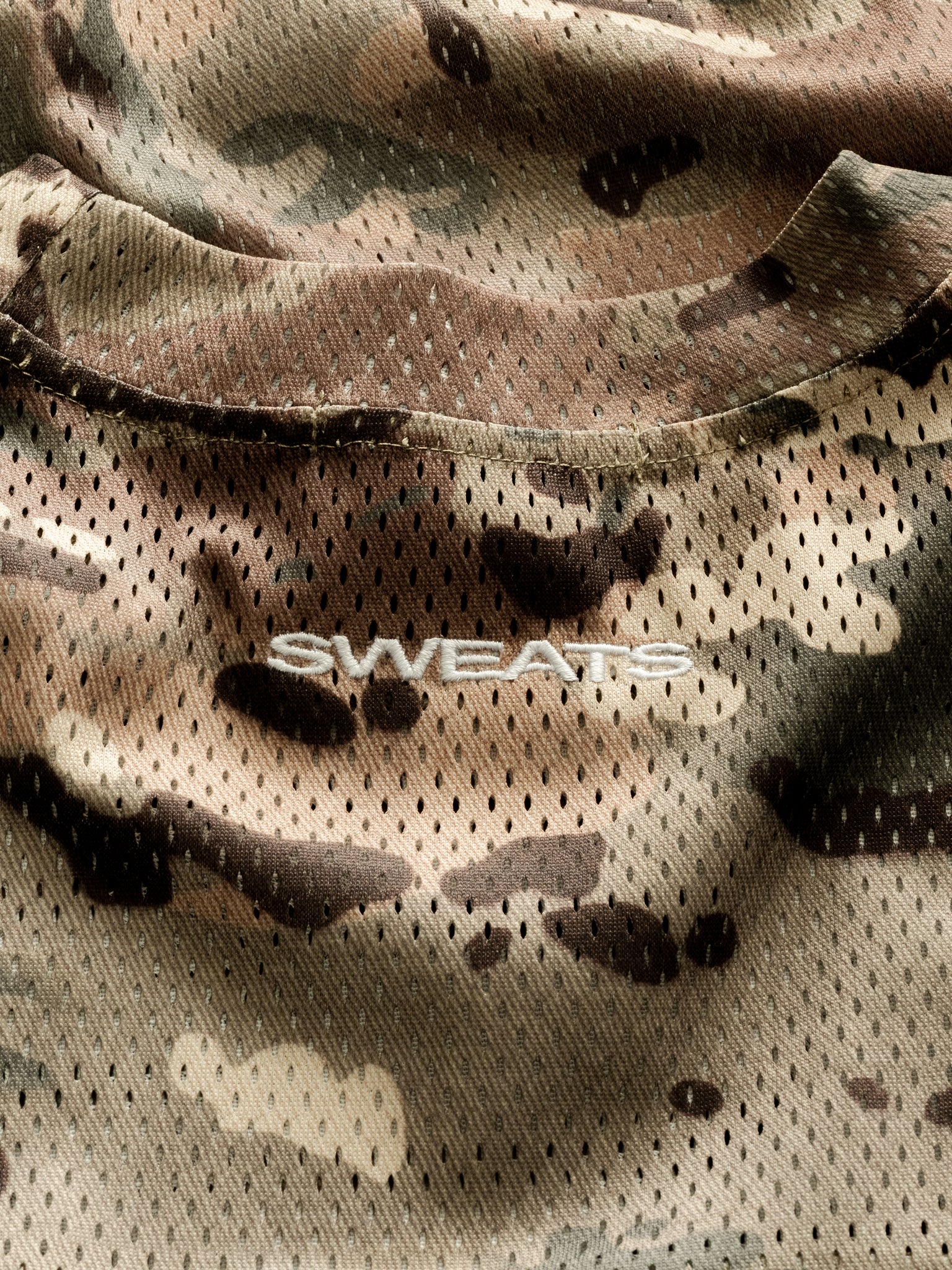 SWEATS EU V2 MESH LS T-shirt in camo print, long sleeve, lightweight breathable fabric, laid flat for display.