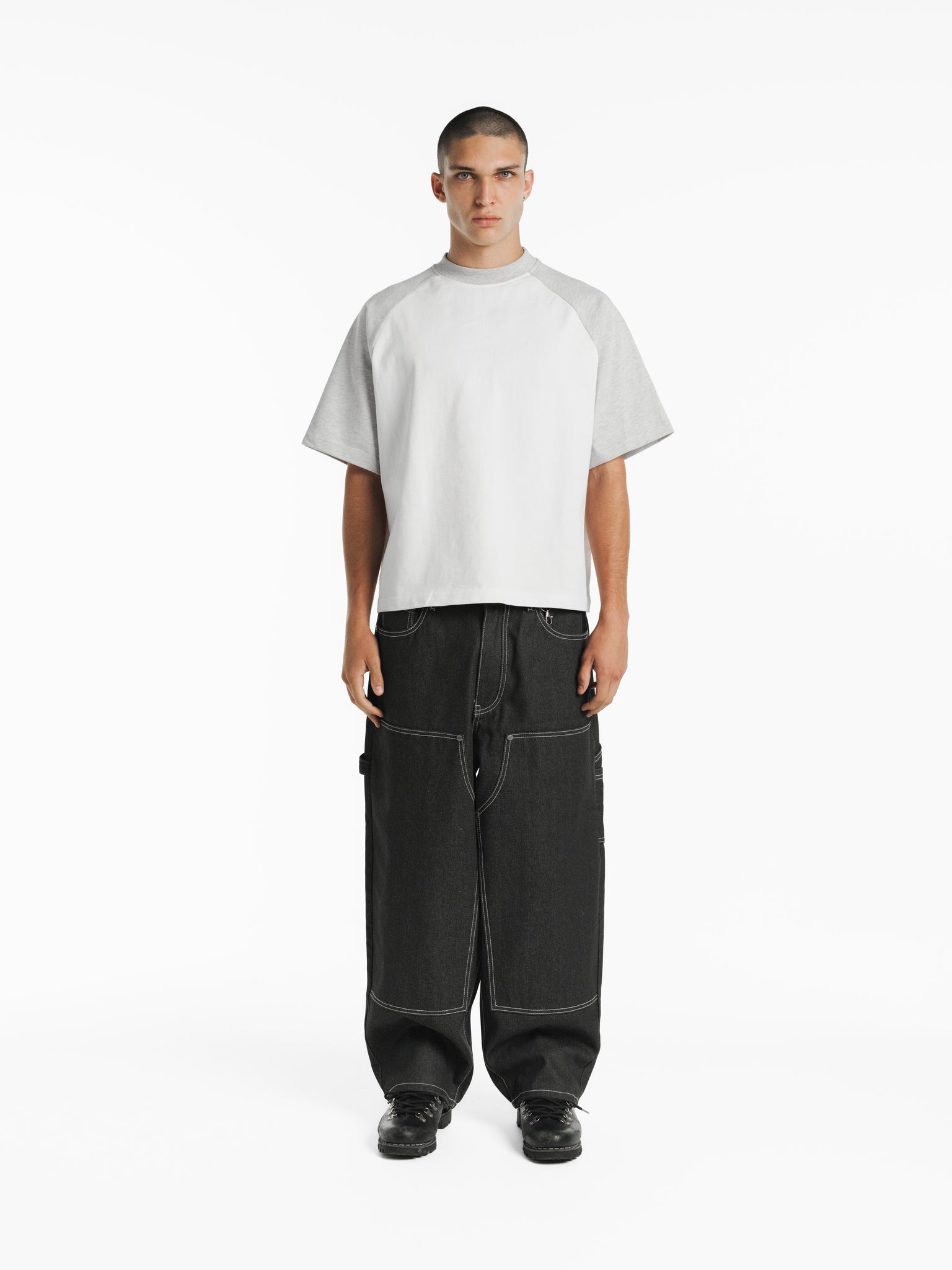 White and Arctic blue raglan SS T-shirt by SWEATS EU, featuring a casual fit and classic style on a model.
