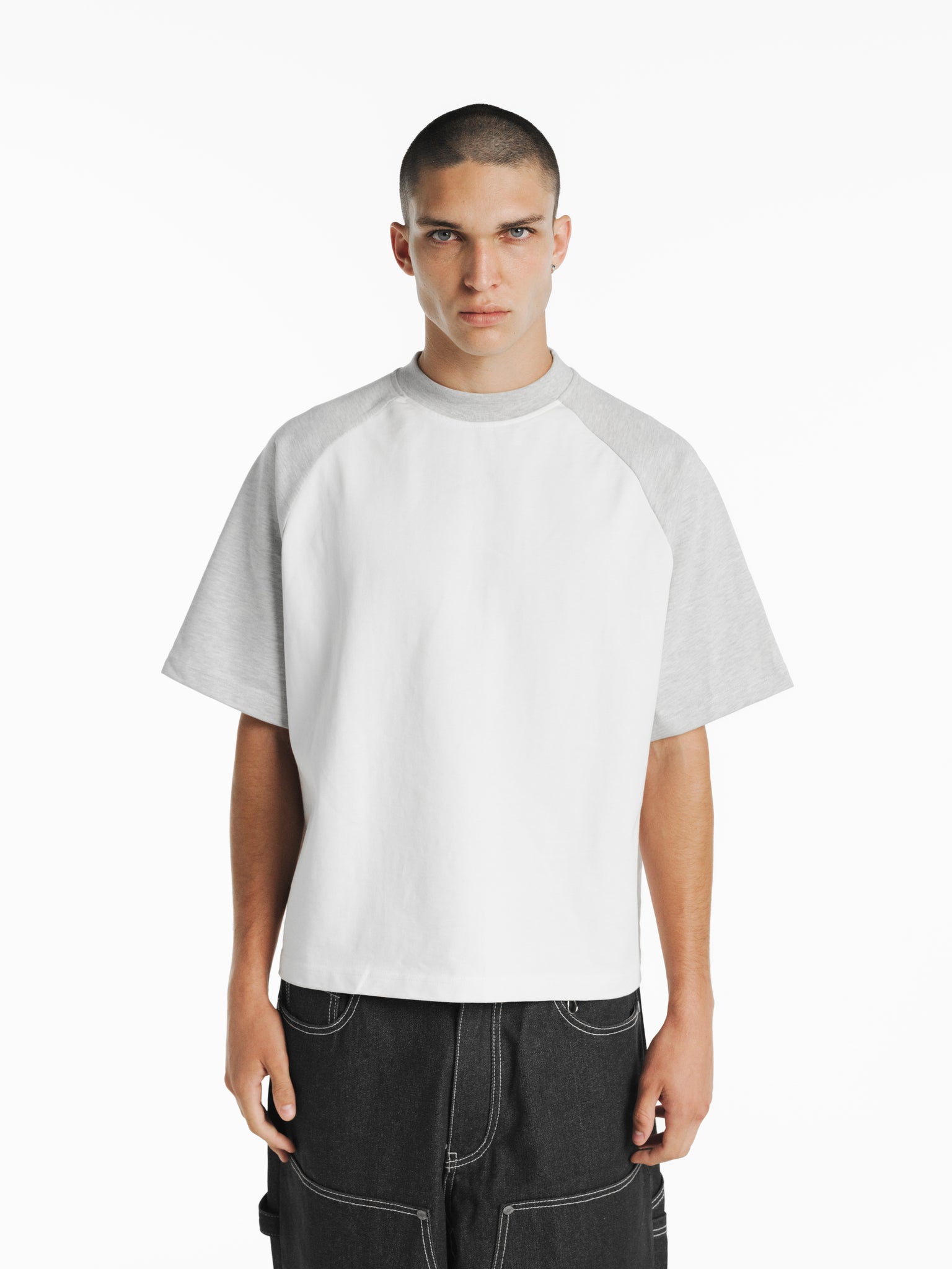 White and Arctic blue raglan short sleeve T-shirt from SWEATS EU, featuring a casual fit and classic design.