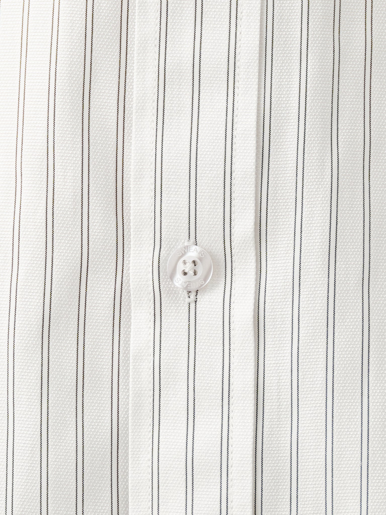 White striped button-up shirt by SWEATS EU, showing the front view with classic collar and button details.