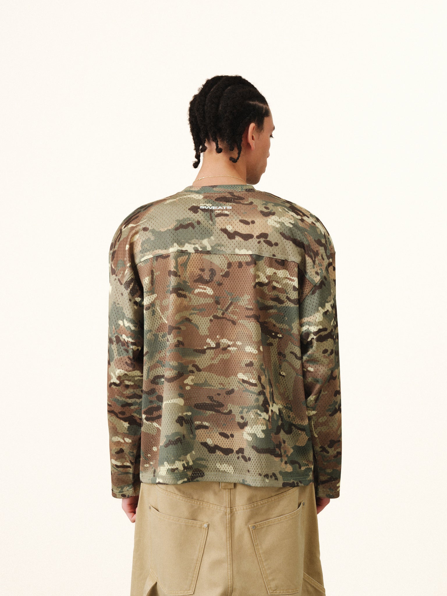 SWEATS EU V2 Mesh Long Sleeve T-Shirt in camo print, lightweight breathable fabric, casual streetwear style.