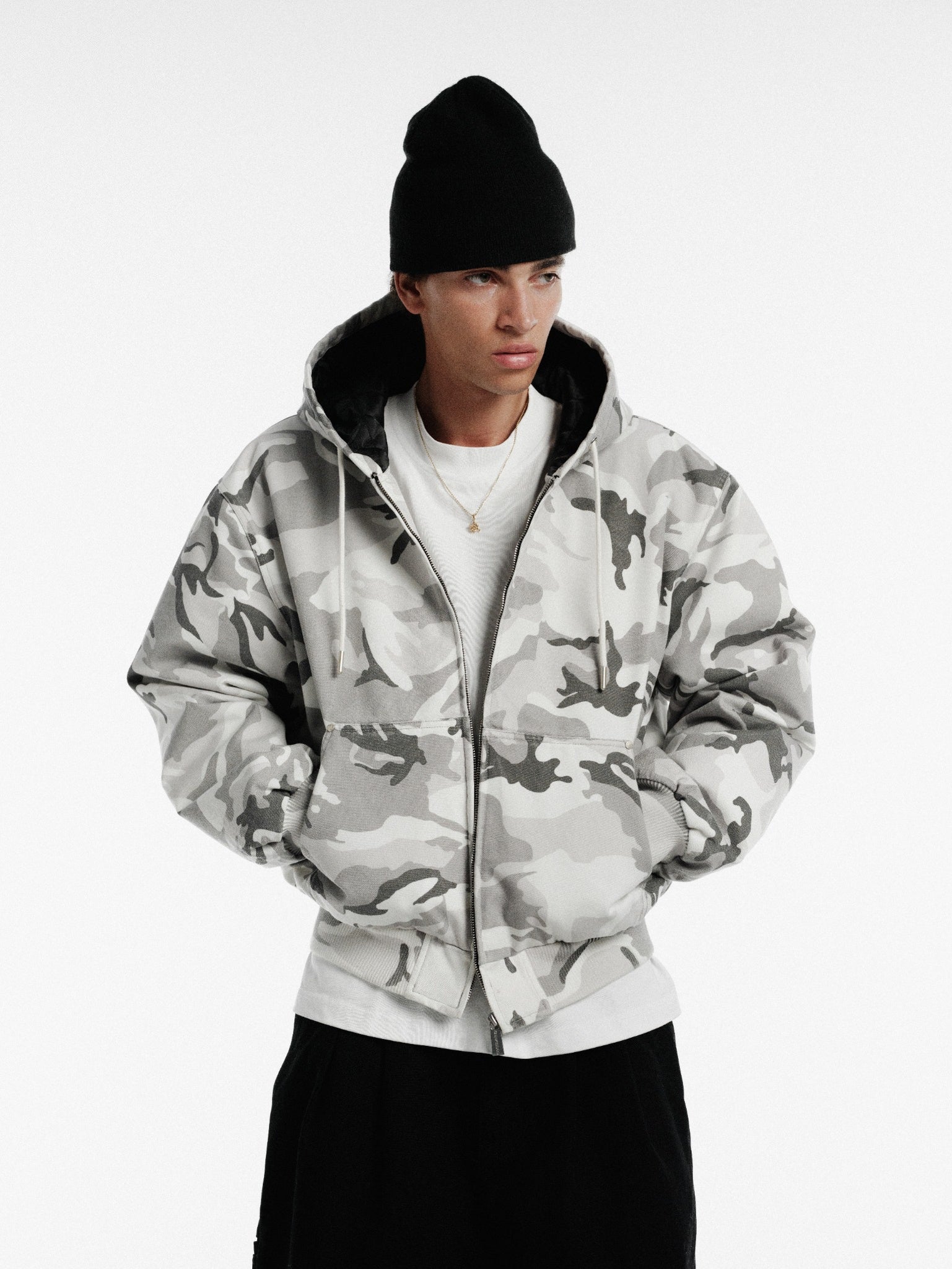 Snow camo workwear hoodie by SWEATS EU, featuring a cozy winter design with a hood and durable fabric.