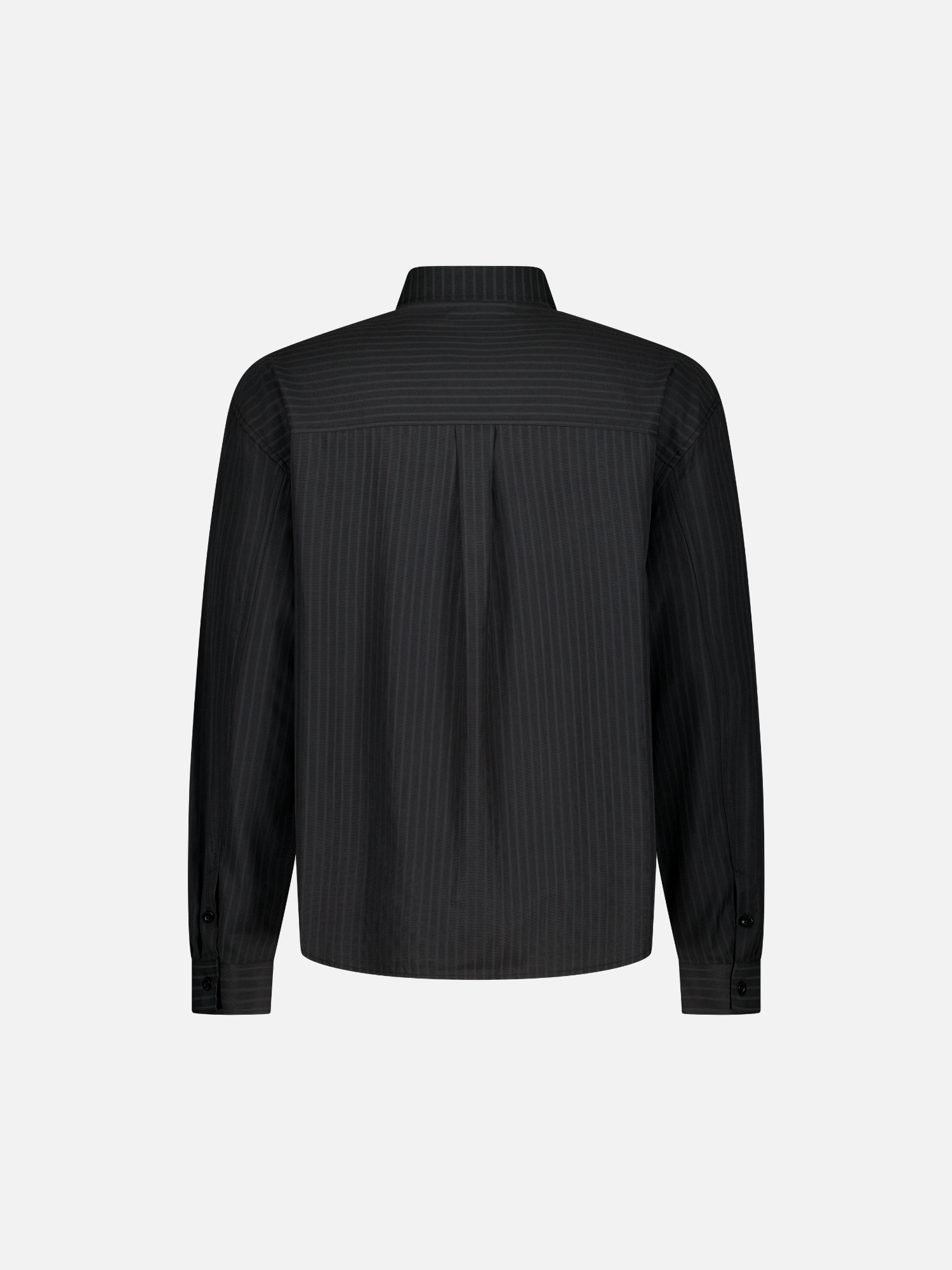 Back view of SWEATS EU black striped button-up shirt with vertical stripes and classic collar.