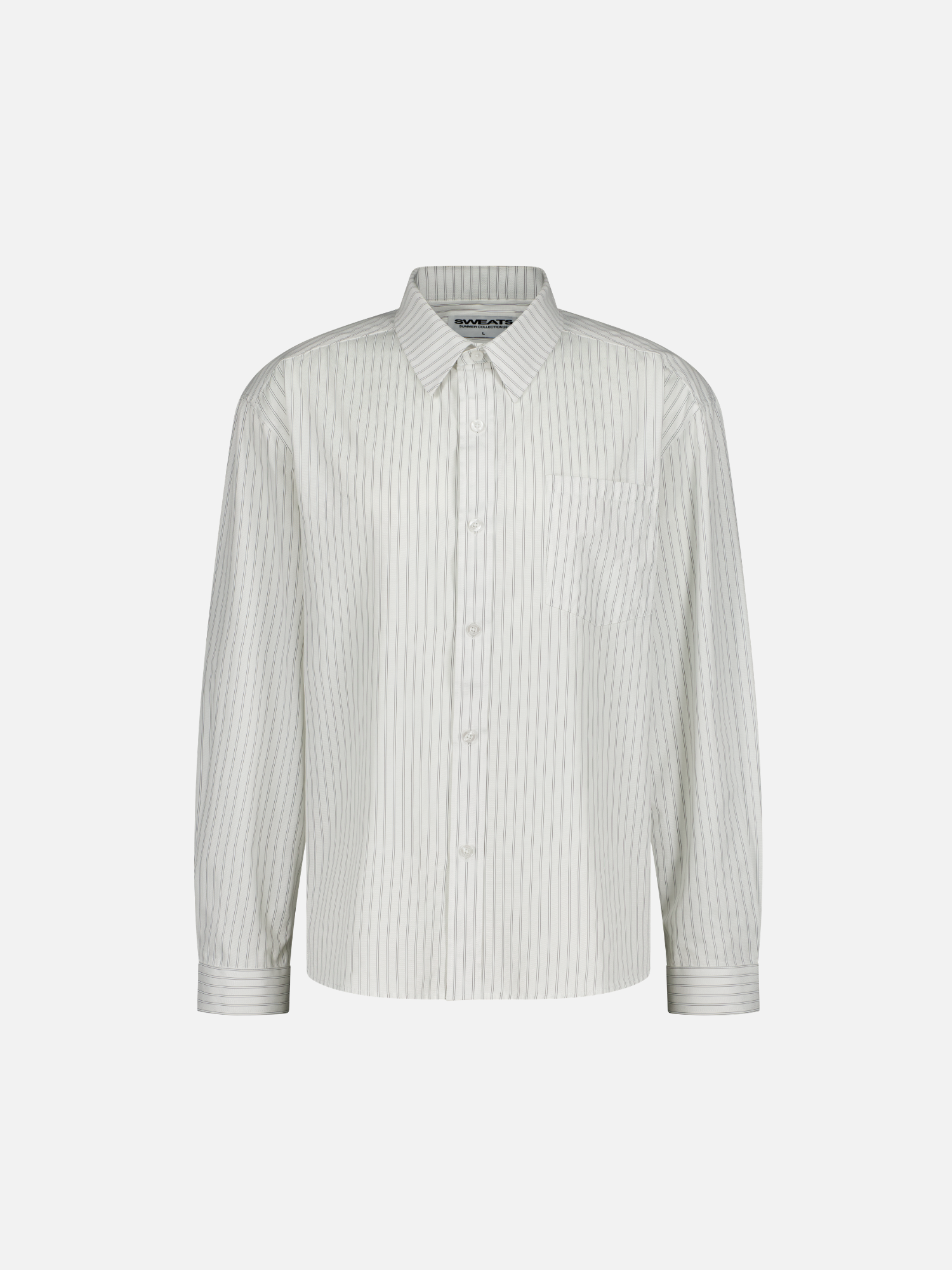 White striped button-up shirt by SWEATS EU, front view showing classic collar and button-down design.