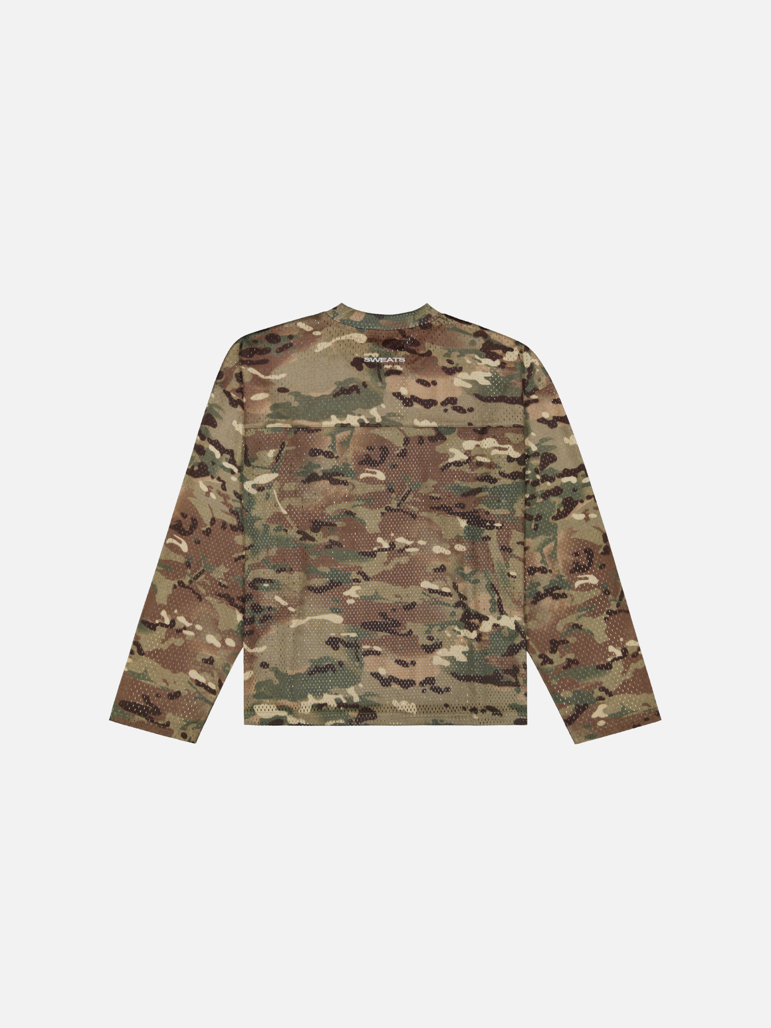 Back view of SWEATS EU V2 Mesh LS T-Shirt in camo, showcasing its lightweight, breathable fabric and stylish camouflage pattern.