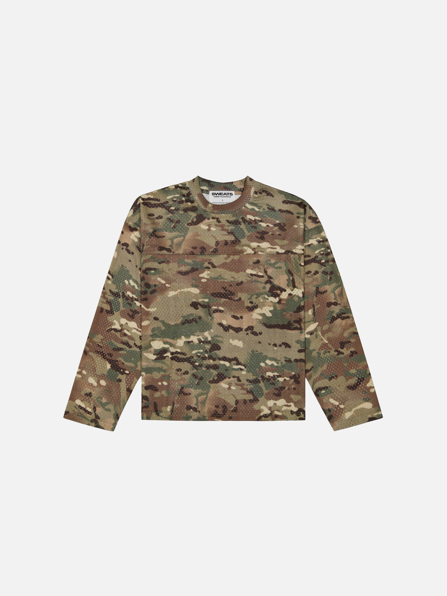 SWEATS EU V2 Mesh LS T-Shirt in camouflage with long sleeves, lightweight breathable fabric, and athletic fit.