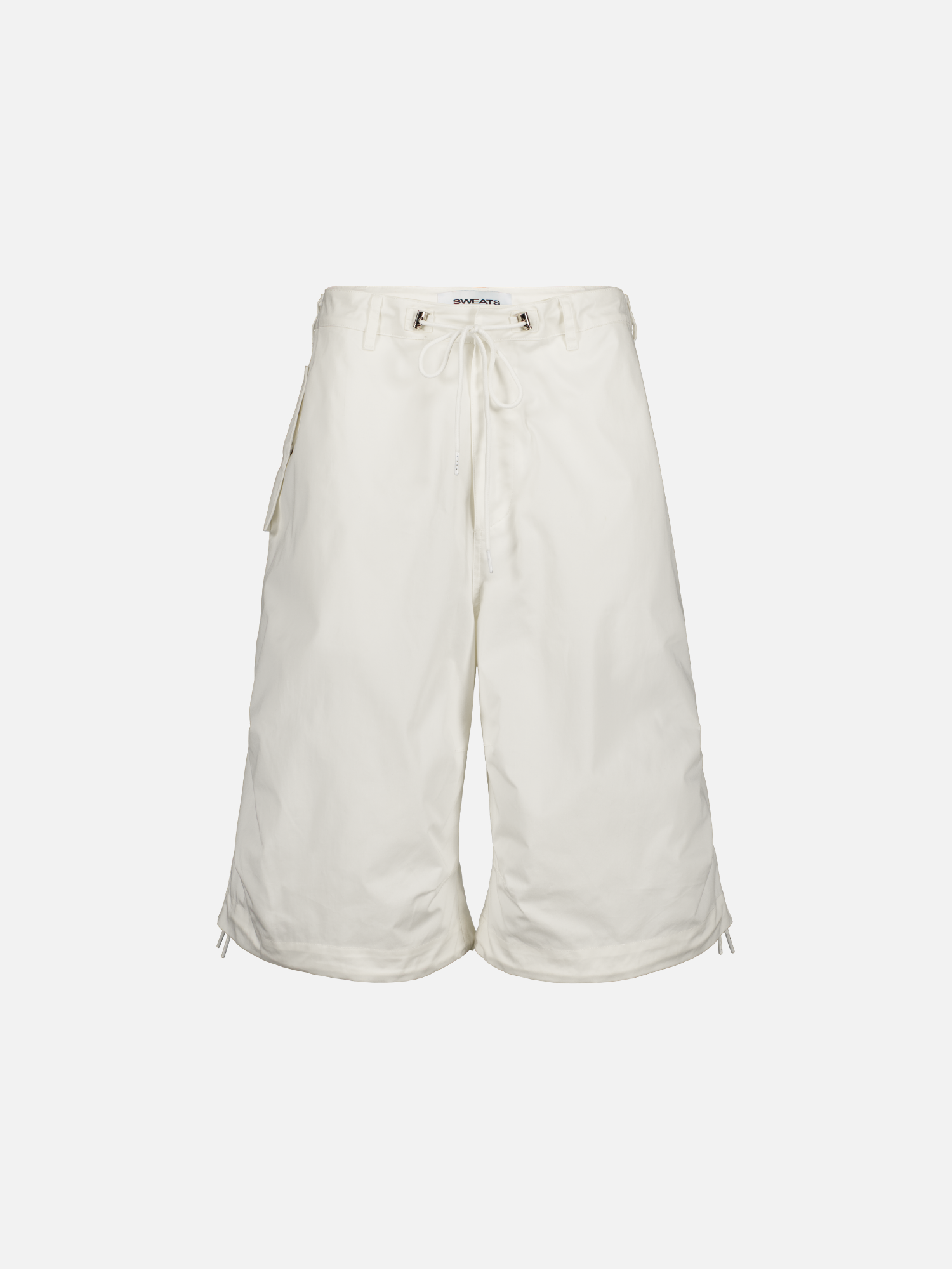 White V3 Flight Shorts by SWEATS EU displayed from the front, showcasing athletic fit and stylish design.