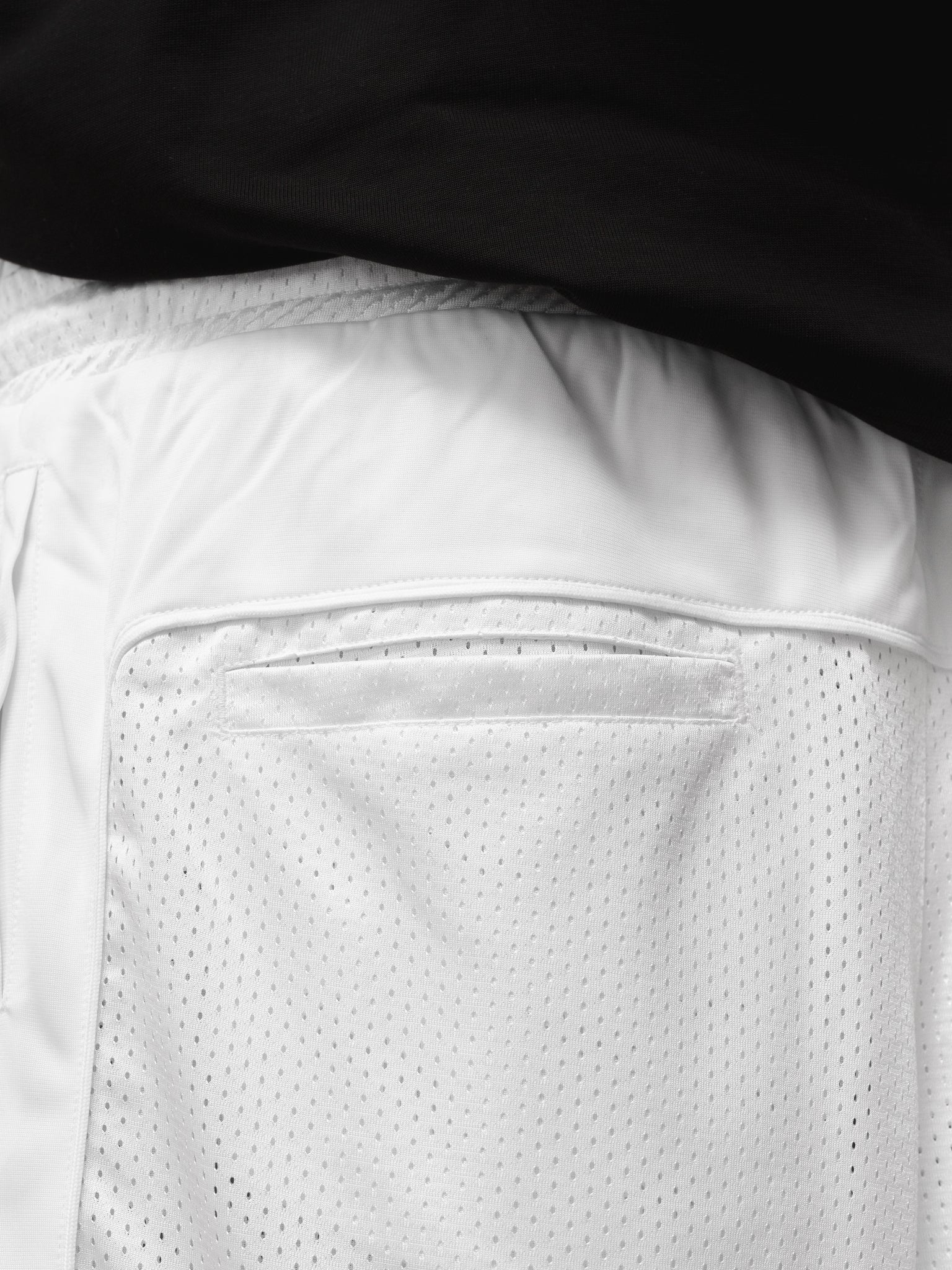 White mesh shorts from SWEATS EU displayed on a neutral background, showcasing the fabric and design details.
