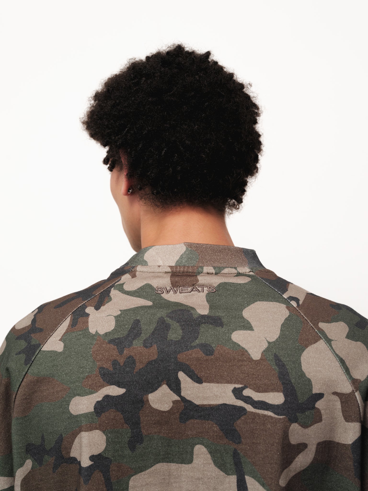 Long sleeve camo T-shirt by SWEATS EU displayed on a model, showcasing its stylish design and comfortable fit.