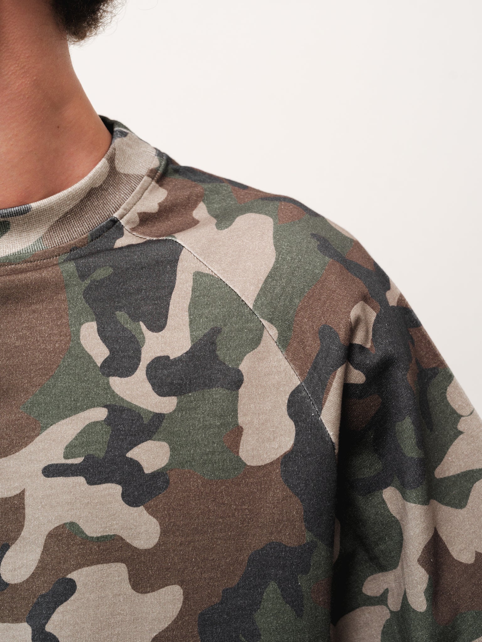 Long sleeve camo T-shirt by SWEATS EU displayed on a model, showcasing its fit and camouflage pattern.